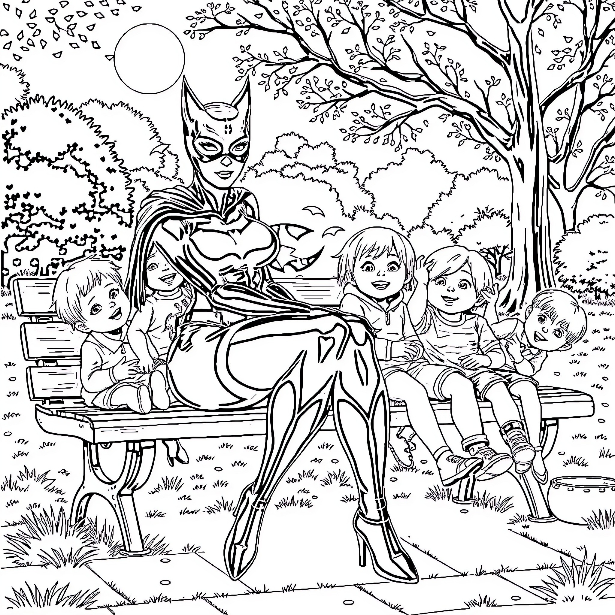 Cat Woman Interacts with Children in Whimsical Forest Coloring Page (free black-and-white line drawing printable PDF for all, from beginners to advanced learners, including children, teens, adults, and seniors)