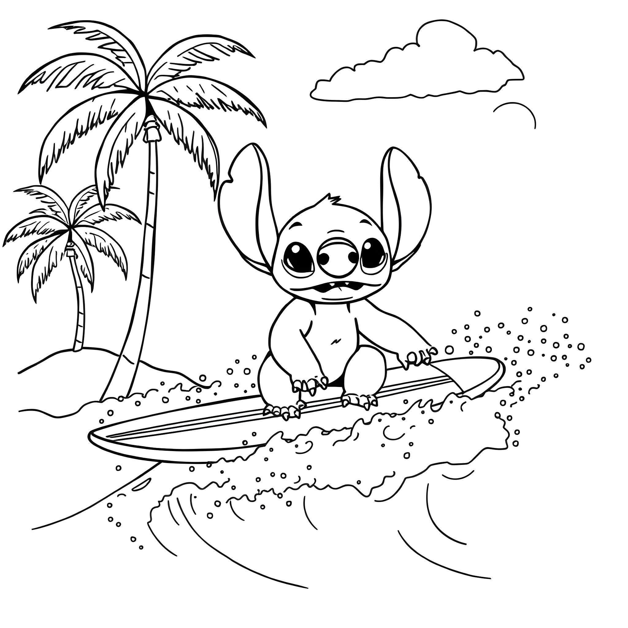 Stitch surfing waves on the beach Coloring Page (free black-and-white line drawing printable PDF for all, from beginners to advanced learners, including children, teens, adults, and seniors)