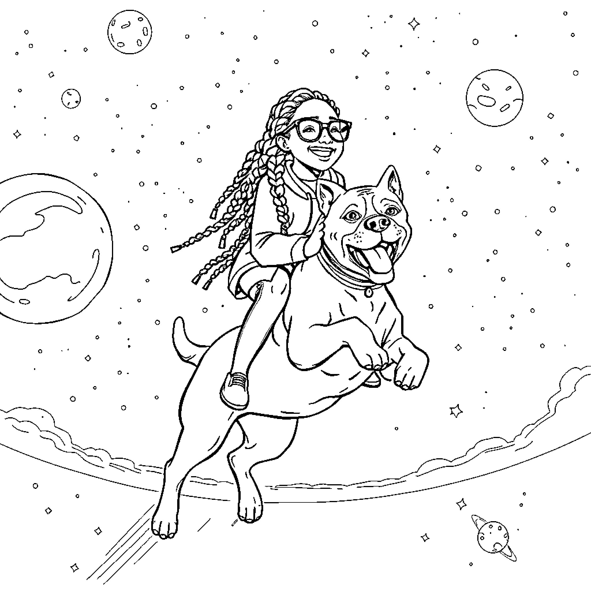 Student exploring outer space with loyal dog companion Coloring Page (free black-and-white line drawing printable PDF for all, from beginners to advanced learners, including children, teens, adults, and seniors)