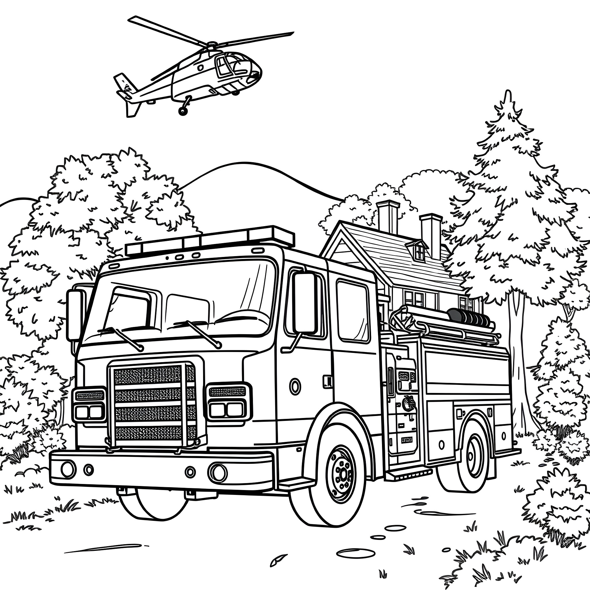 Firetruck responding to emergency in the woods Coloring Page (free black-and-white line drawing printable PDF for all, from beginners to advanced learners, including children, teens, adults, and seniors)