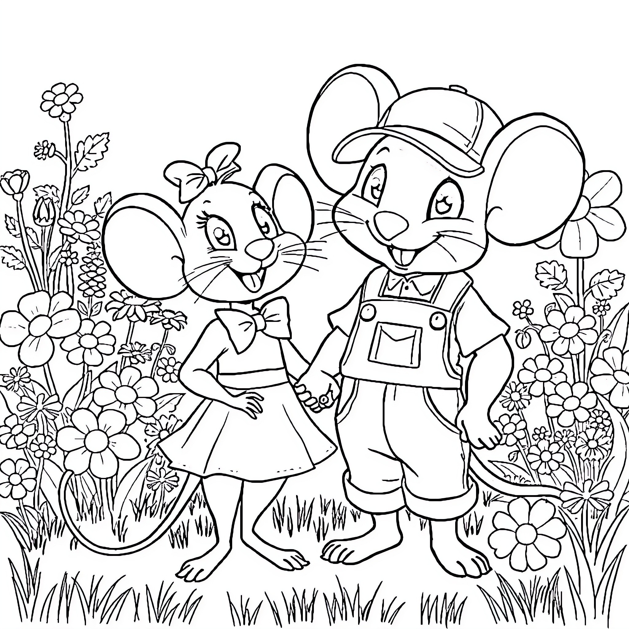 Mouse couple enjoying a floral garden adventure Coloring Page (free black-and-white line drawing printable PDF for all, from beginners to advanced learners, including children, teens, adults, and seniors)