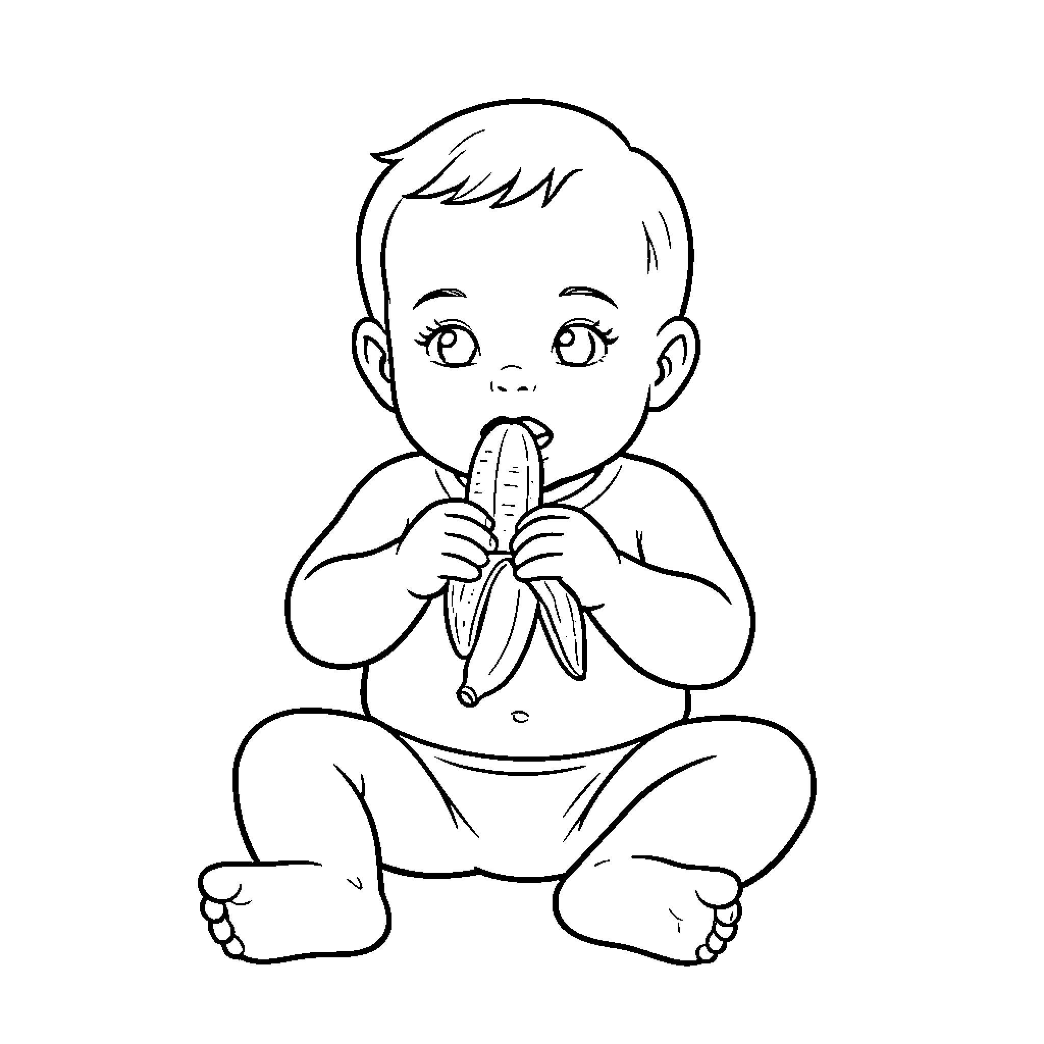 Baby sitting and eating a banana Coloring Page (free black-and-white line drawing printable PDF for all, from beginners to advanced learners, including children, teens, adults, and seniors)