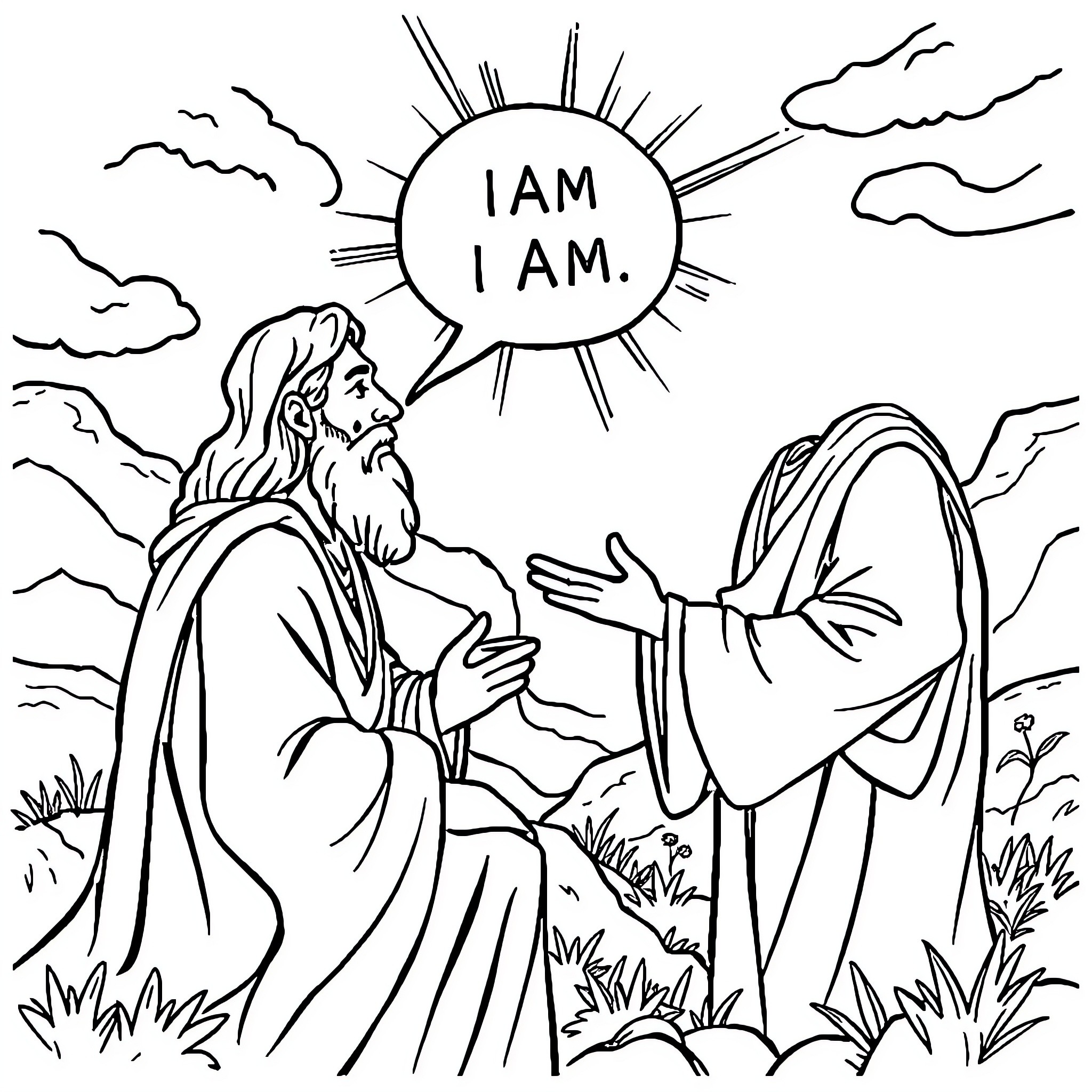 God's Eternal Presence Revealed in the Wilderness Coloring Page (free black-and-white line drawing printable PDF for all, from beginners to advanced learners, including children, teens, adults, and seniors)