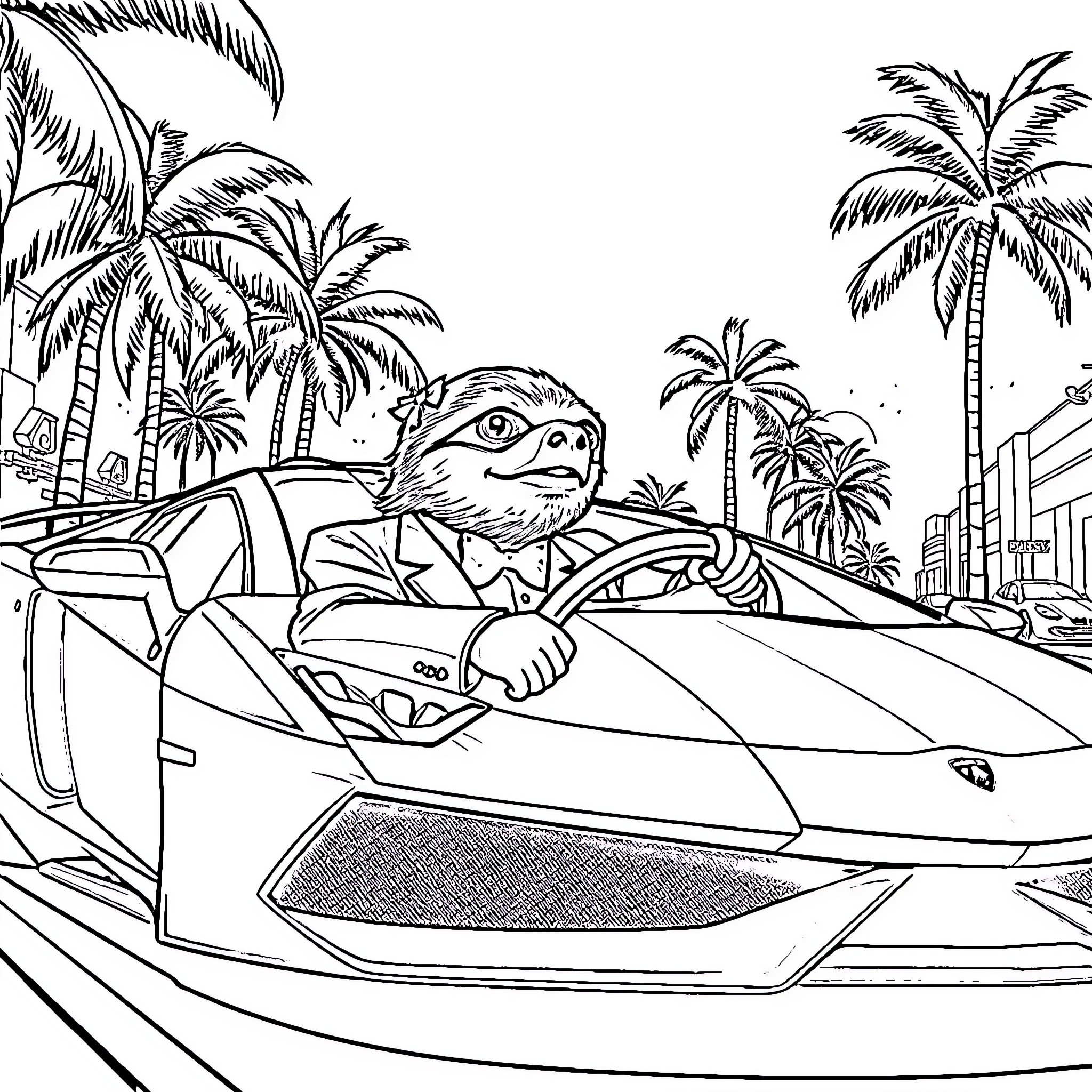 Sloth enjoying a leisurely drive through the tropics Coloring Page (free black-and-white line drawing printable PDF for all, from beginners to advanced learners, including children, teens, adults, and seniors)