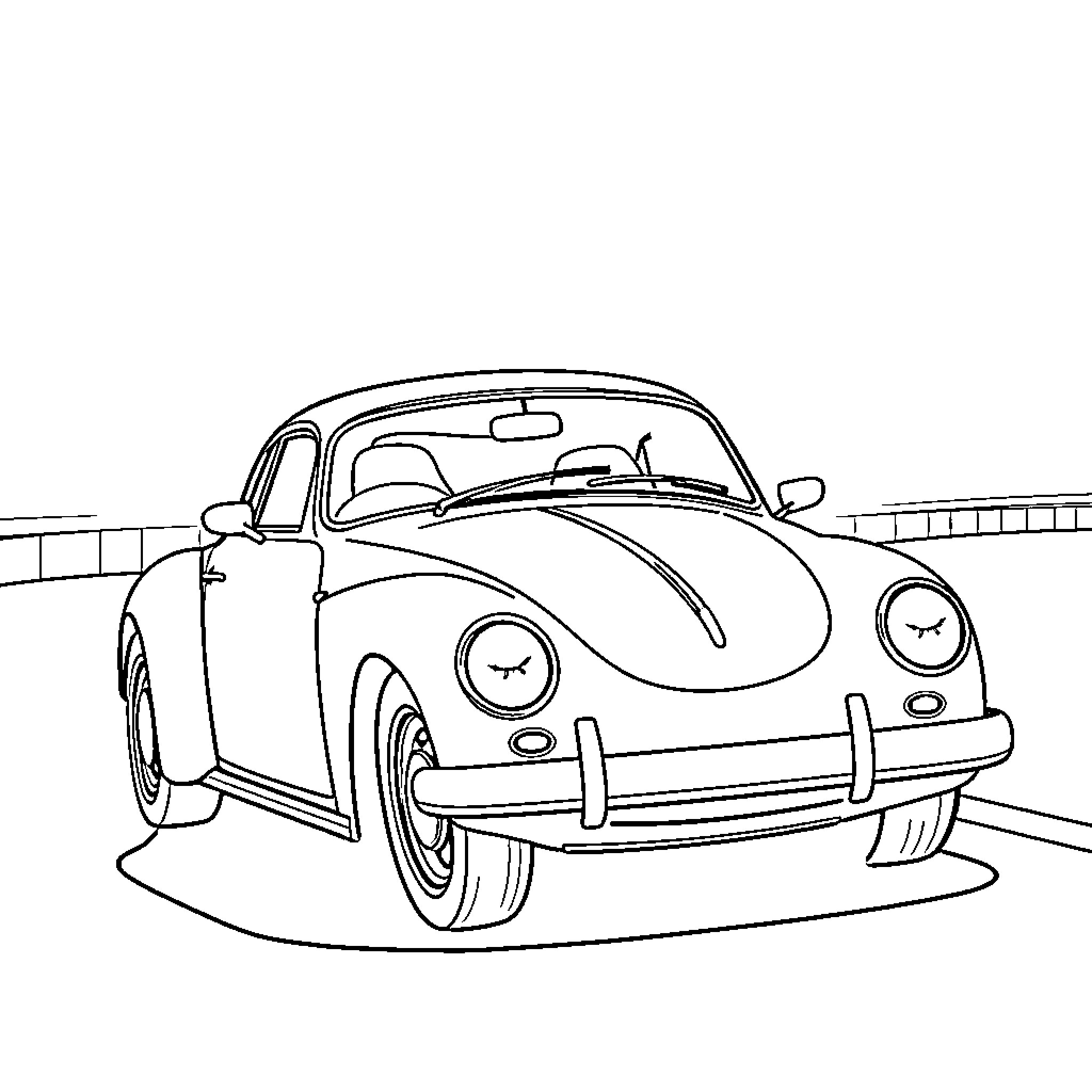 Car on the road with vintage details Coloring Page (free black-and-white line drawing printable PDF for all, from beginners to advanced learners, including children, teens, adults, and seniors)