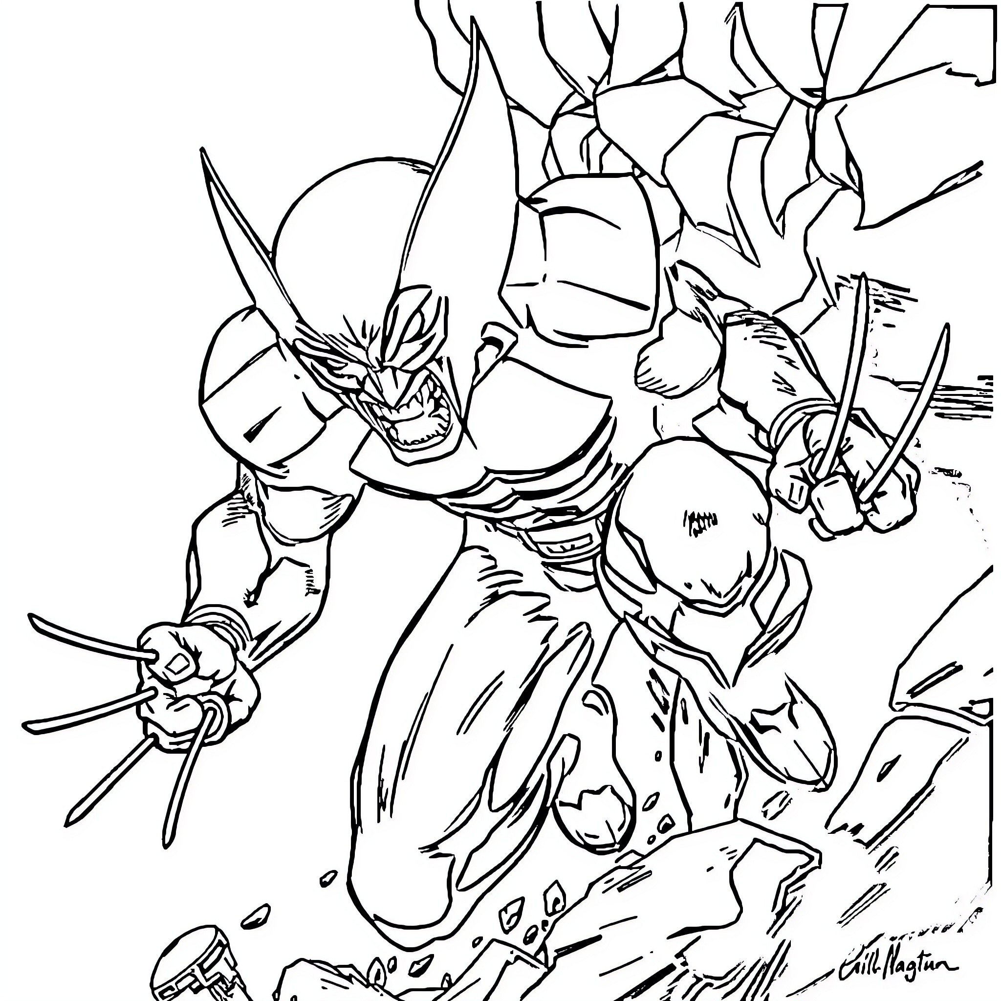 Wolverine in intense combat action Coloring Page (free black-and-white line drawing printable PDF for all, from beginners to advanced learners, including children, teens, adults, and seniors)