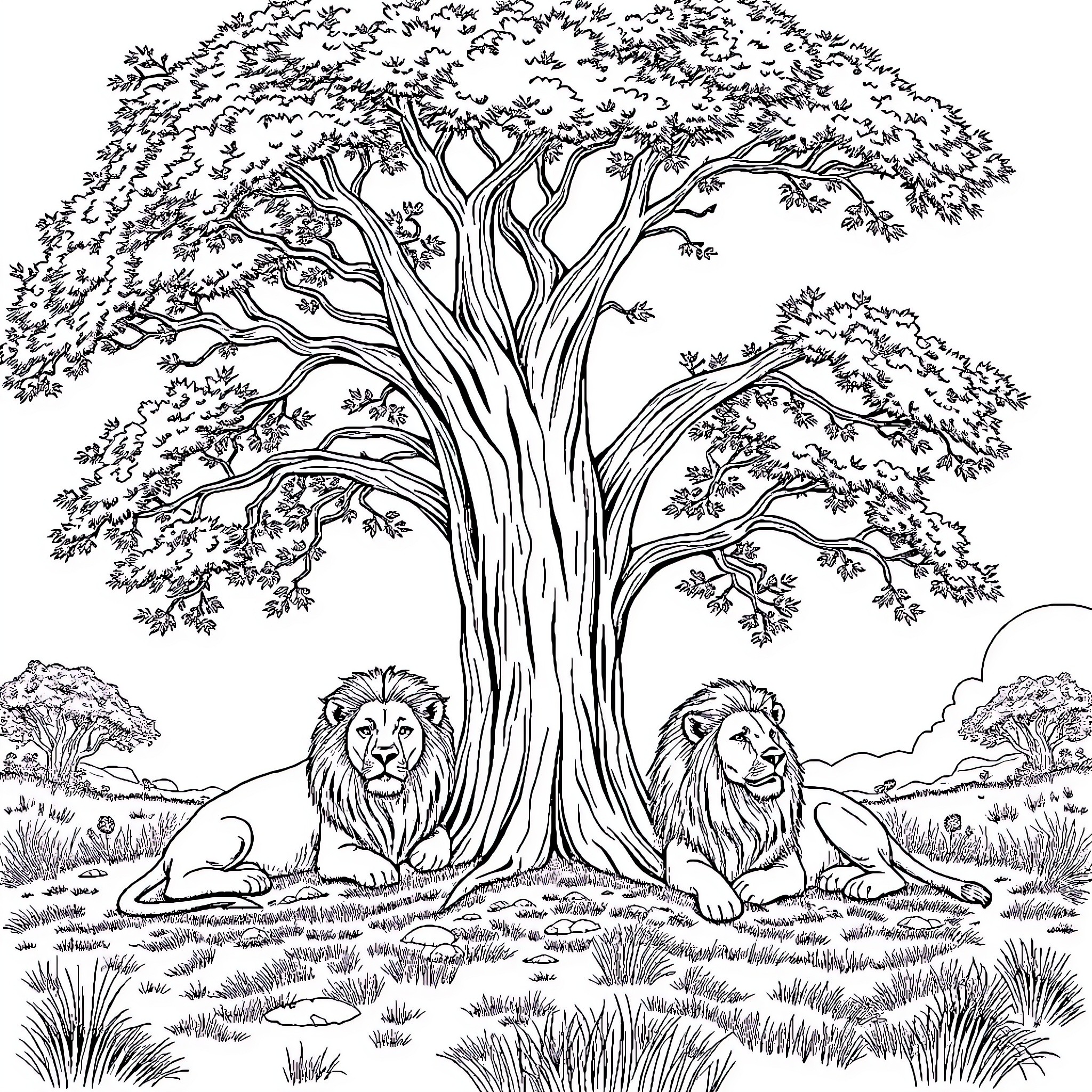 Lion resting under a majestic tree Coloring Page (free black-and-white line drawing printable PDF for all, from beginners to advanced learners, including children, teens, adults, and seniors)