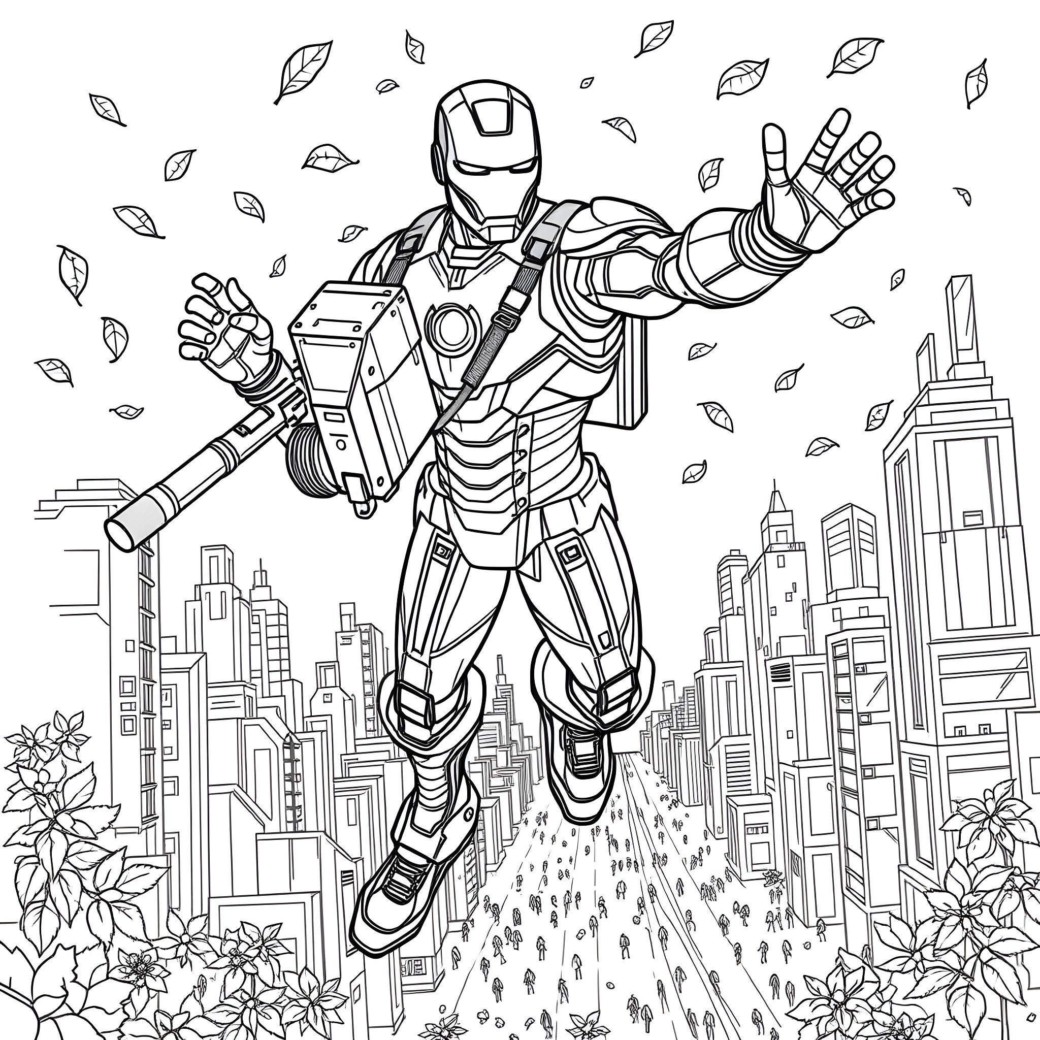 Iron Man flying heroically over the city Coloring Page (free black-and-white line drawing printable PDF for all, from beginners to advanced learners, including children, teens, adults, and seniors)