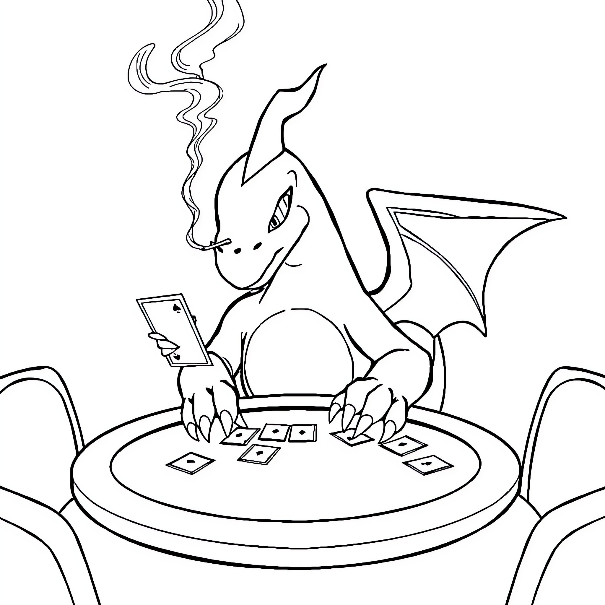 Charizard playing cards at a gambling table Coloring Page (free black-and-white line drawing printable PDF for all, from beginners to advanced learners, including children, teens, adults, and seniors)