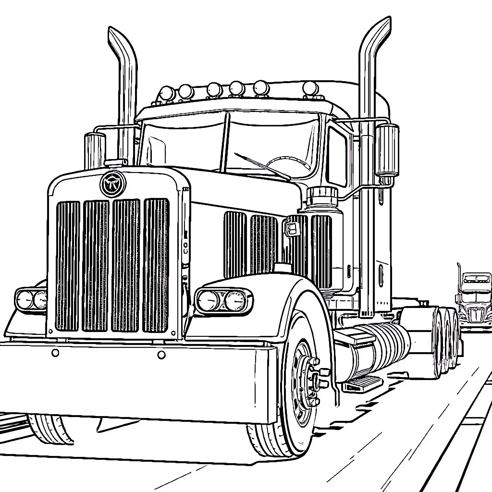 Kenworth Truck on the Road Coloring Page (free black-and-white line drawing printable PDF for all, from beginners to advanced learners, including children, teens, adults, and seniors)