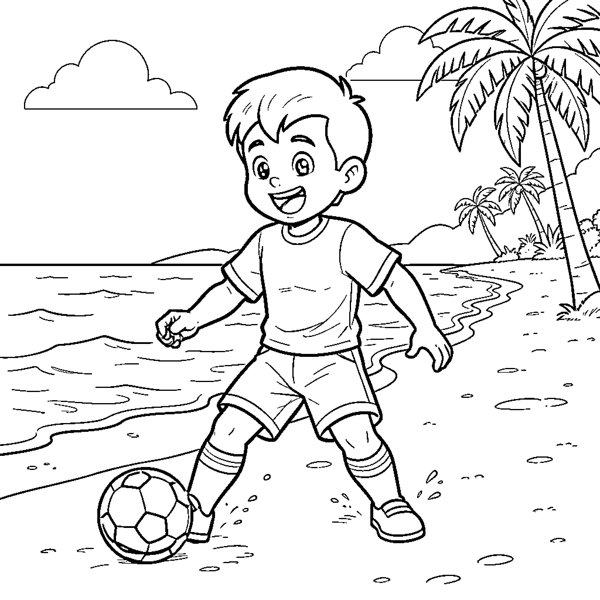 Marcusa happily playing soccer on a sunny beach Coloring Page (free black-and-white line drawing printable PDF for all, from beginners to advanced learners, including children, teens, adults, and seniors)
