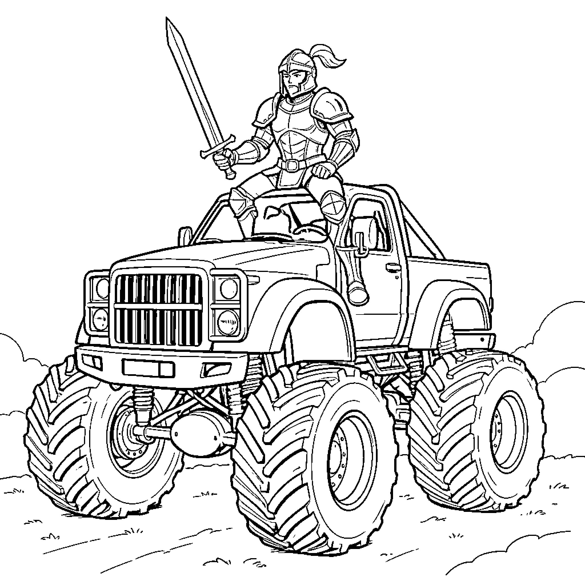 Knight charging into battle on a mighty monster truck Coloring Page (free black-and-white line drawing printable PDF for all, from beginners to advanced learners, including children, teens, adults, and seniors)