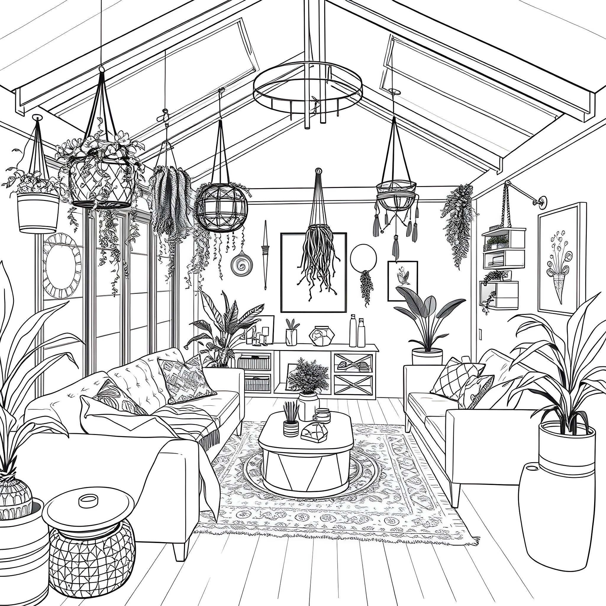 House with Cozy Boho-Inspired Interior Coloring Page (free black-and-white line drawing printable PDF for all, from beginners to advanced learners, including children, teens, adults, and seniors)