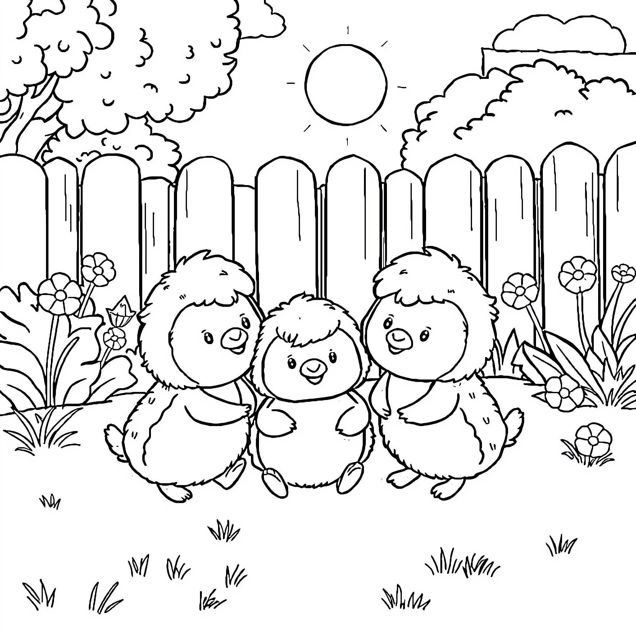 Friend Chicks Playing in the Yard Coloring Page (free black-and-white line drawing printable PDF for all, from beginners to advanced learners, including children, teens, adults, and seniors)
