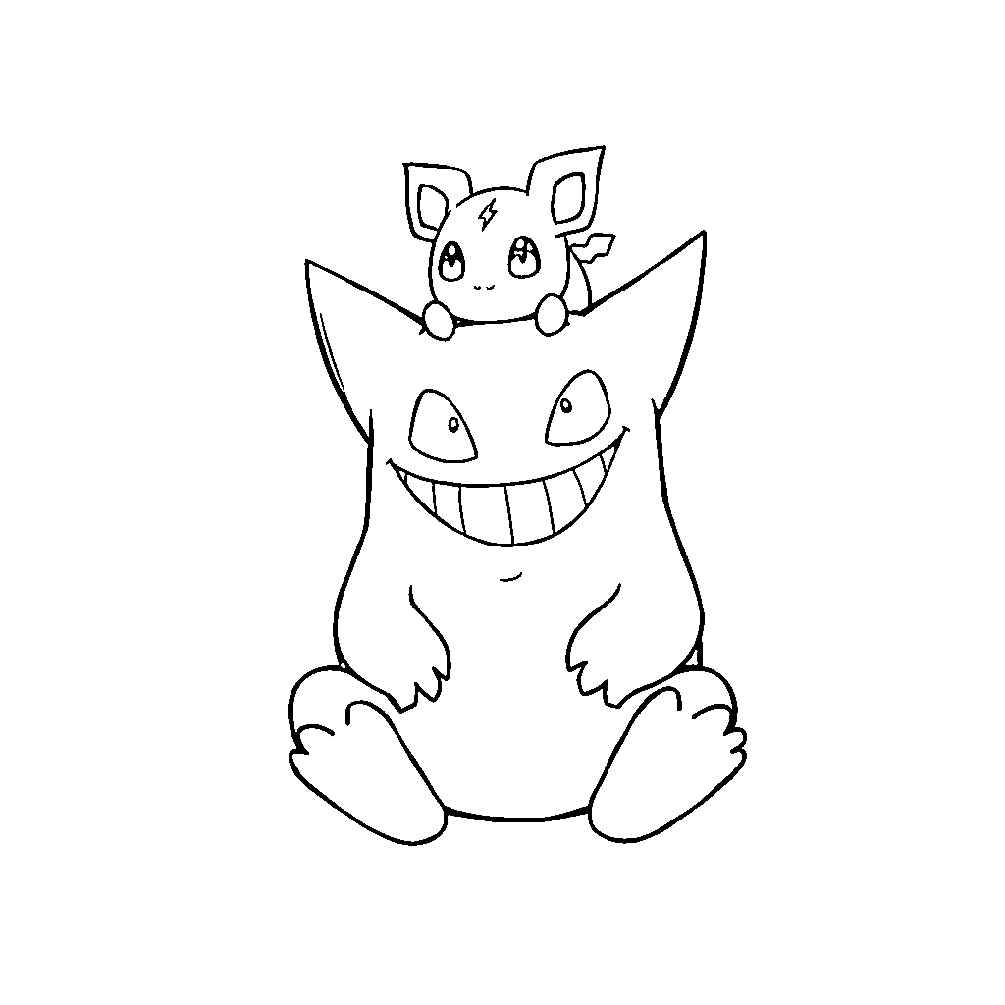 Gengar playing with a Pika-inspired companion Coloring Page (free black-and-white line drawing printable PDF for all, from beginners to advanced learners, including children, teens, adults, and seniors)