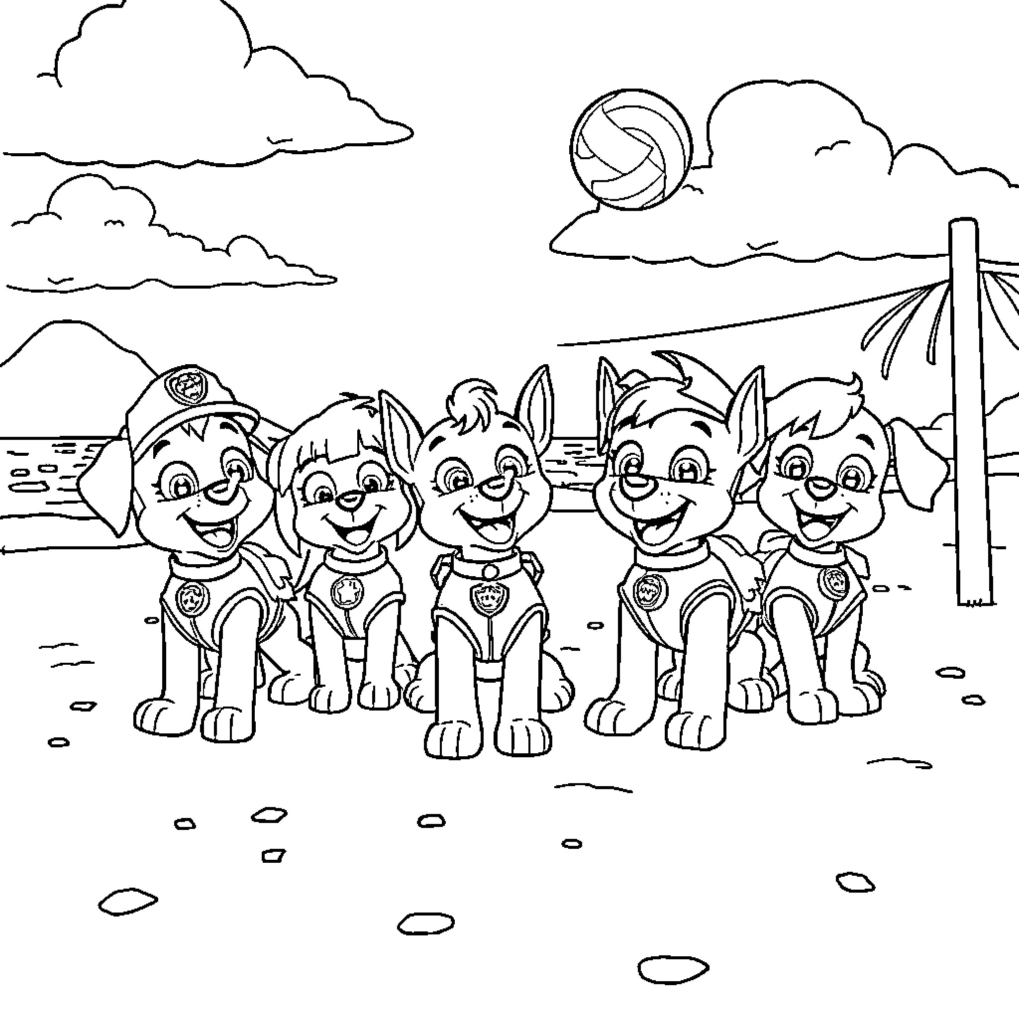 Paw Patrol ready for adventure on the beach Coloring Page (free black-and-white line drawing printable PDF for all, from beginners to advanced learners, including children, teens, adults, and seniors)