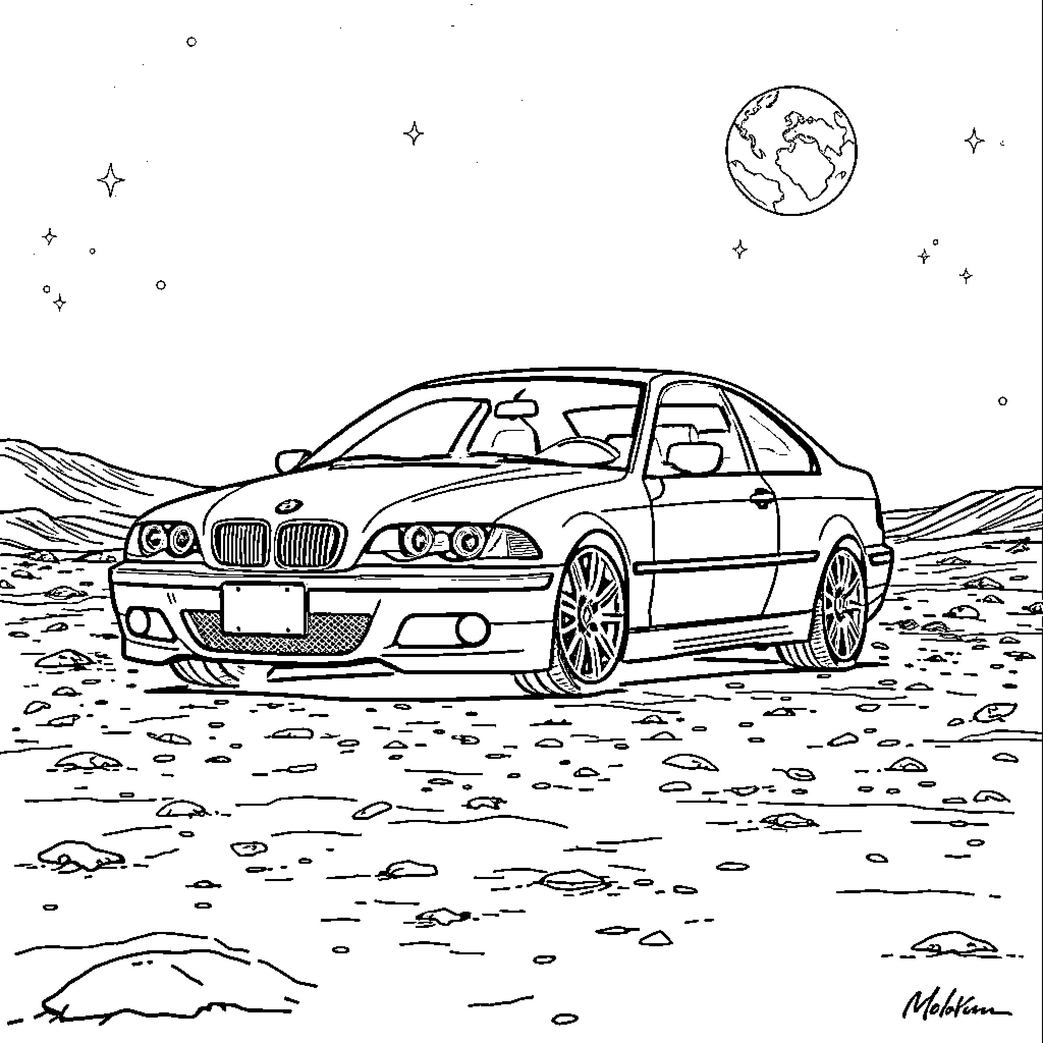BMW driving through the desert landscape Coloring Page (free black-and-white line drawing printable PDF for all, from beginners to advanced learners, including children, teens, adults, and seniors)