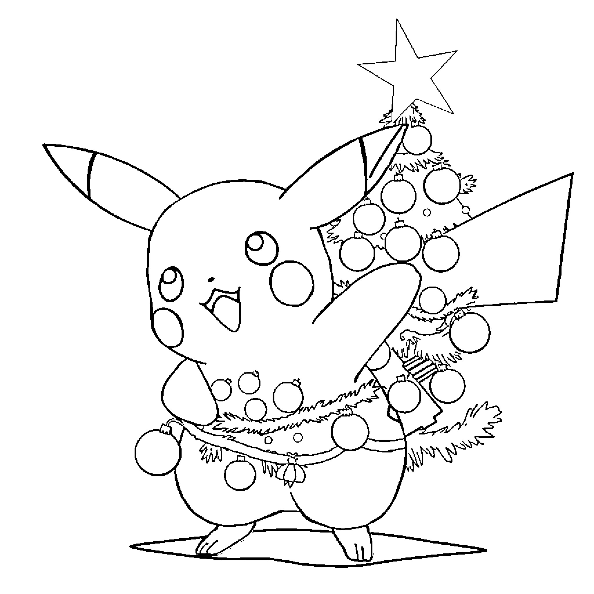Pikachu decorating a Christmas tree Coloring Page (free black-and-white line drawing printable PDF for all, from beginners to advanced learners, including children, teens, adults, and seniors)