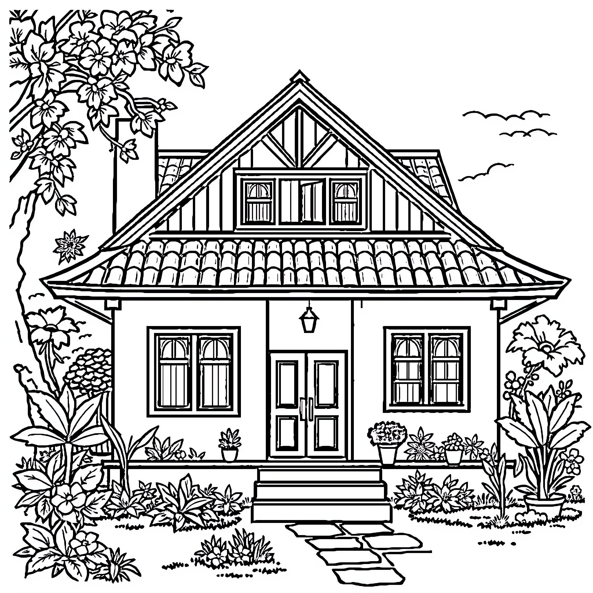 House with floral garden surrounded by nature Coloring Page (free black-and-white line drawing printable PDF for all, from beginners to advanced learners, including children, teens, adults, and seniors)