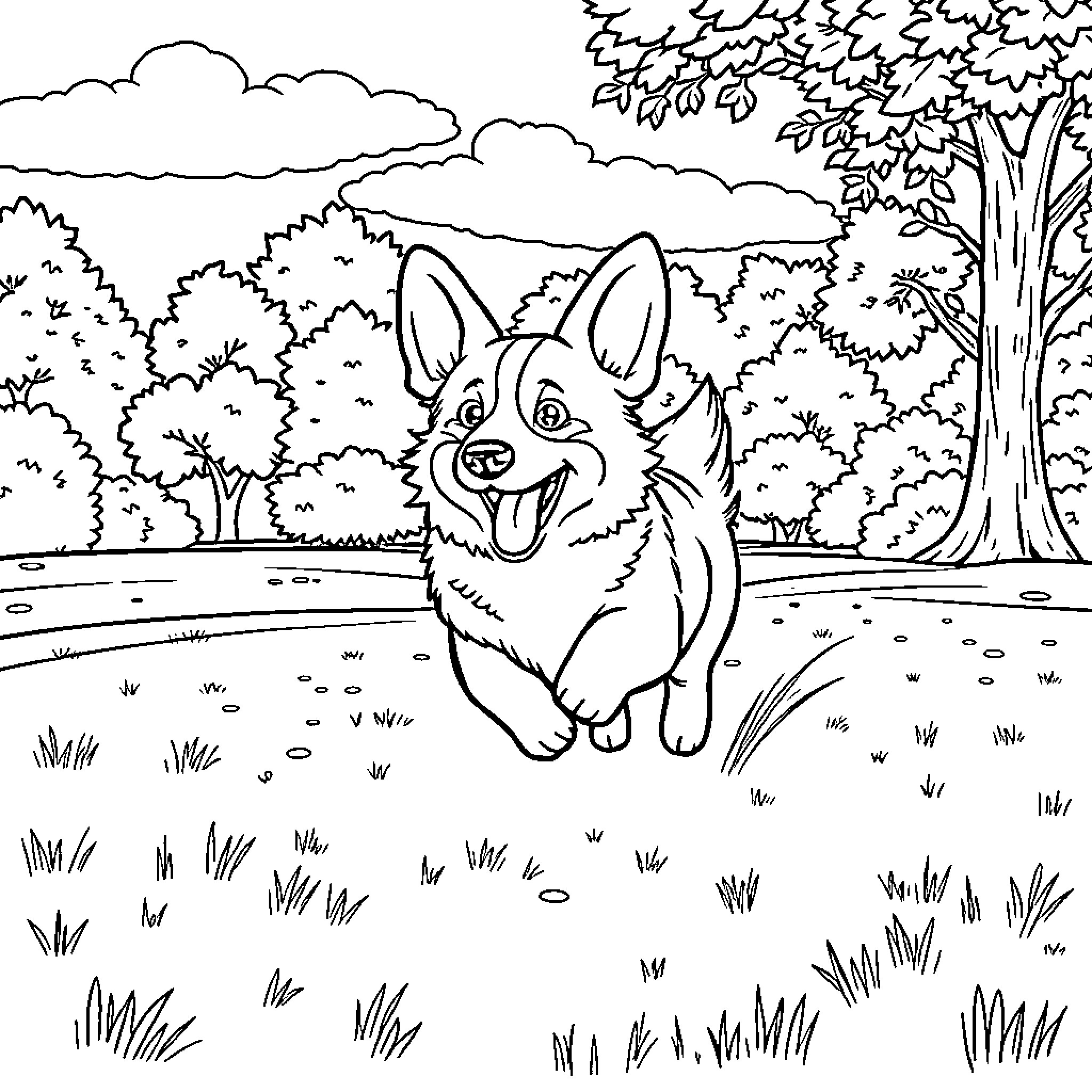 Corgi frolicking happily in a wooded park Coloring Page (free black-and-white line drawing printable PDF for all, from beginners to advanced learners, including children, teens, adults, and seniors)