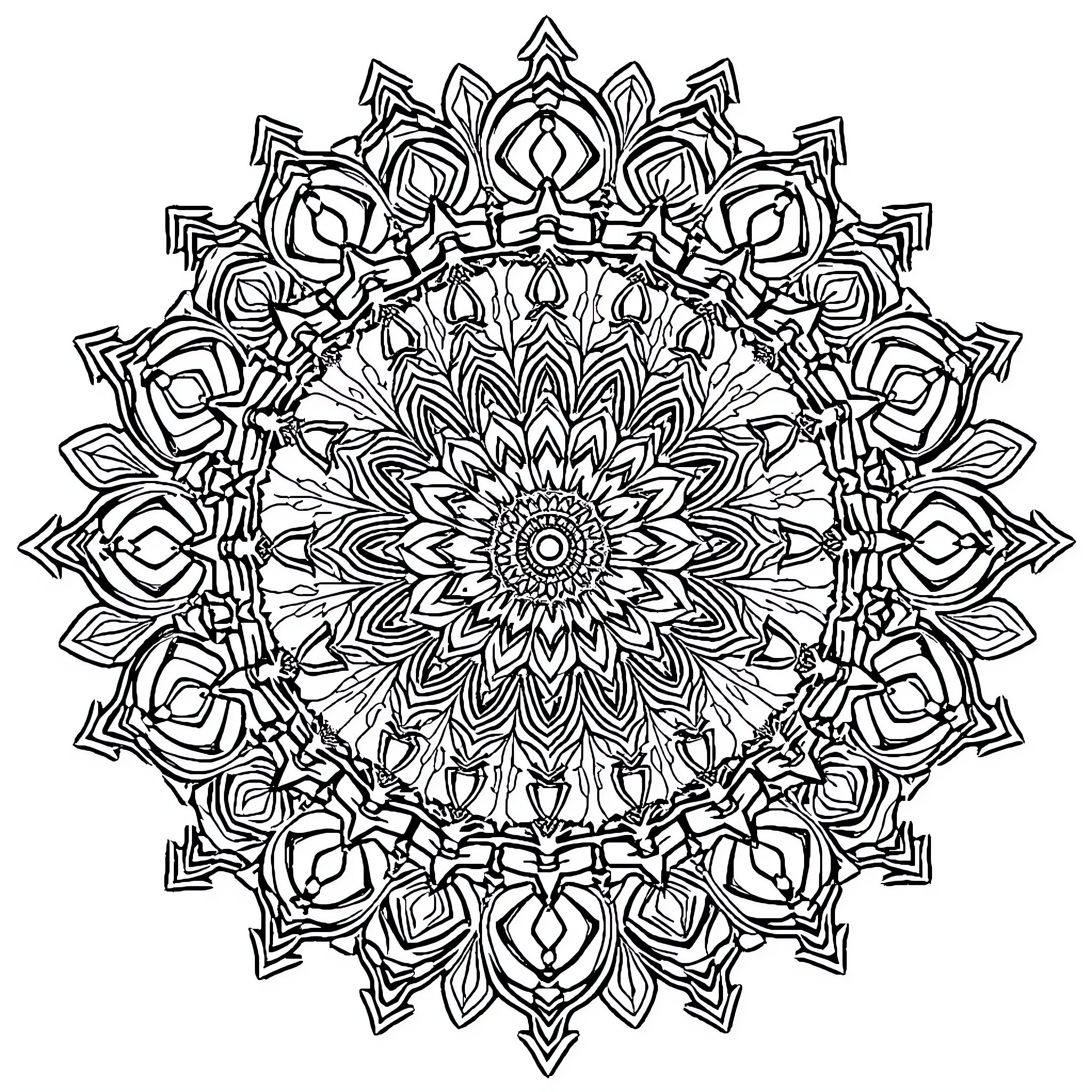 Mandala with intricate geometric floral pattern Coloring Page (free black-and-white line drawing printable PDF for all, from beginners to advanced learners, including children, teens, adults, and seniors)