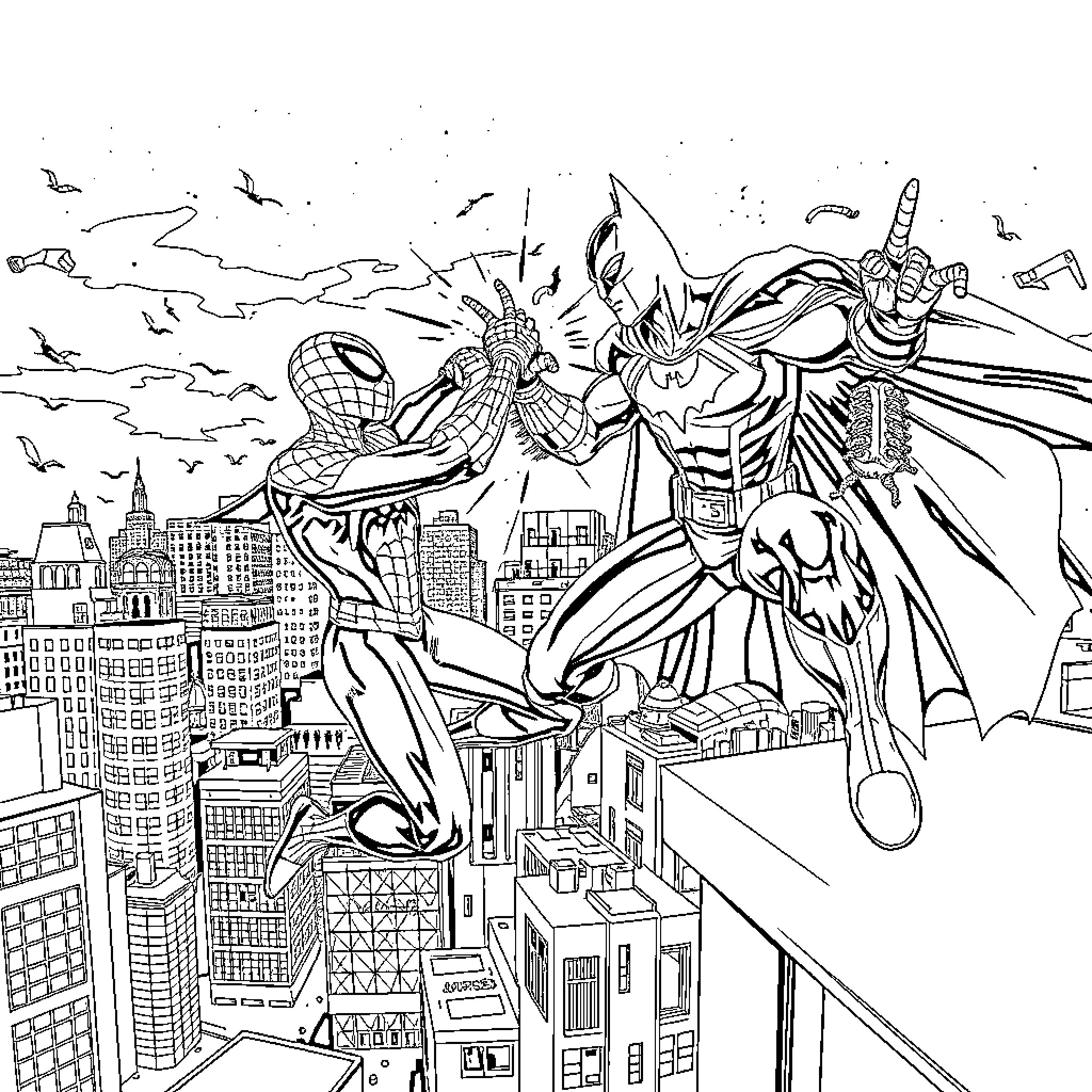 Spiderman and Batman battling over the city skyline Coloring Page (free black-and-white line drawing printable PDF for all, from beginners to advanced learners, including children, teens, adults, and seniors)