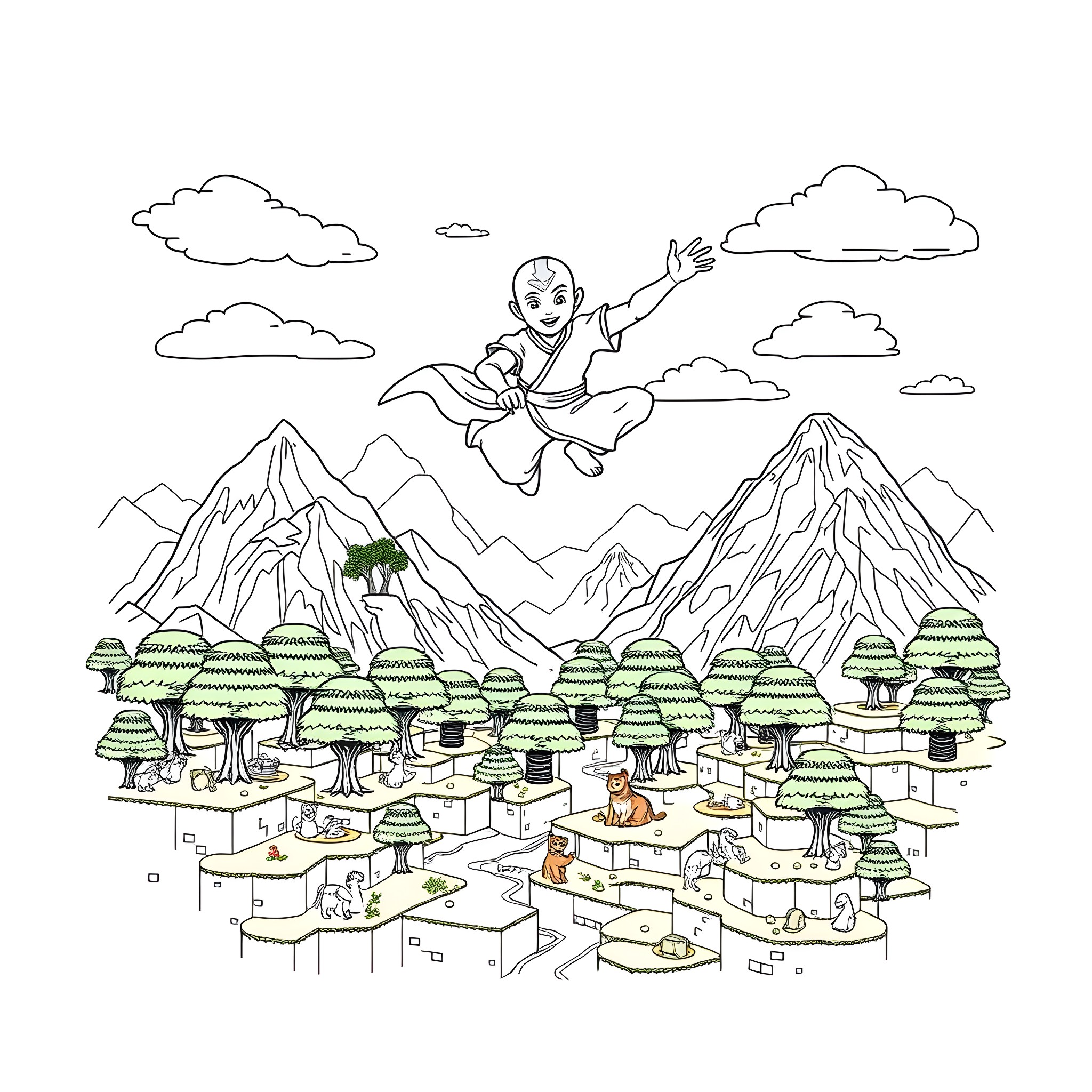 Minecraft character flying over a fantastical landscape Coloring Page (free black-and-white line drawing printable PDF for all, from beginners to advanced learners, including children, teens, adults, and seniors)