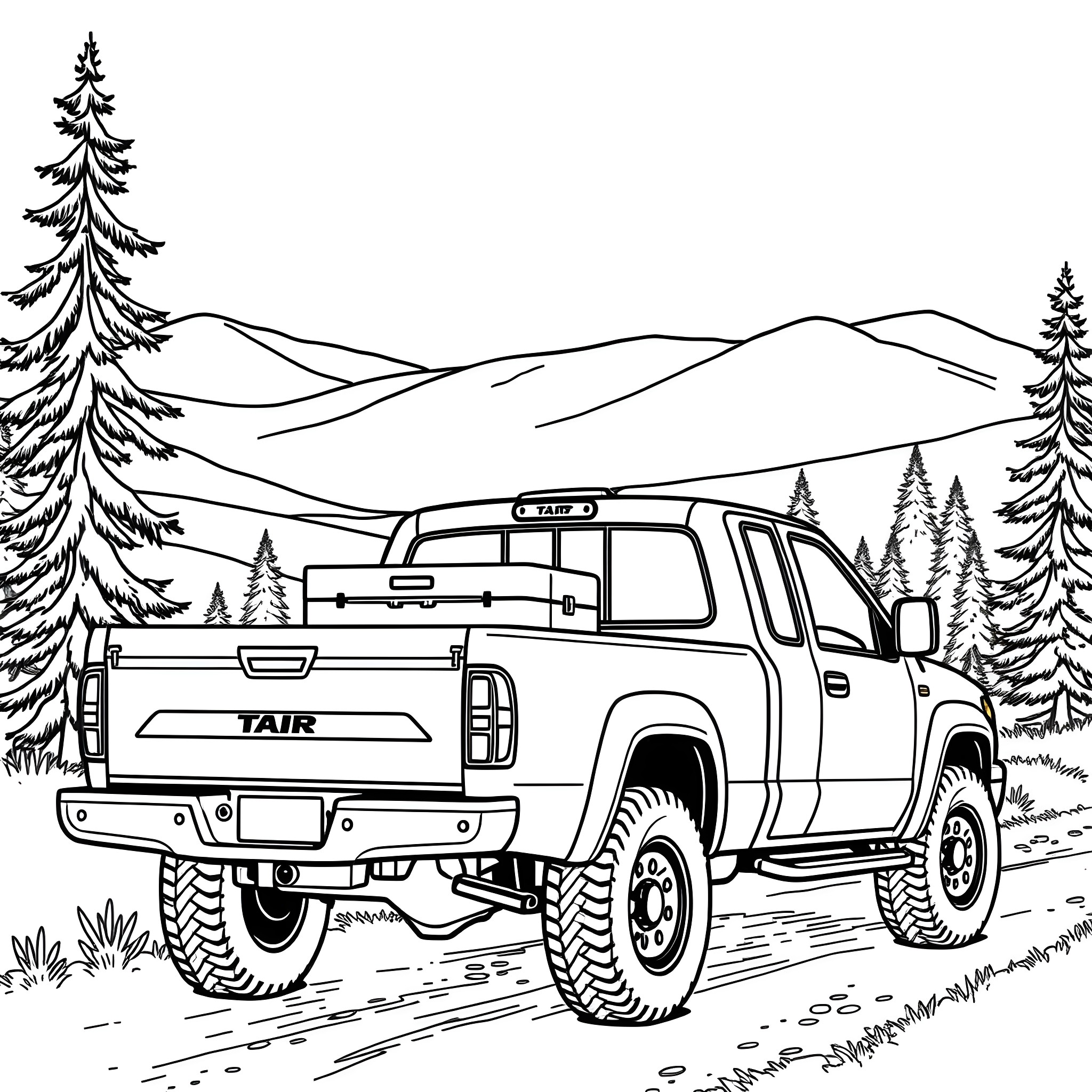 Pick Up Truck Off-Roading in Mountain Landscape Coloring Page (free black-and-white line drawing printable PDF for all, from beginners to advanced learners, including children, teens, adults, and seniors)