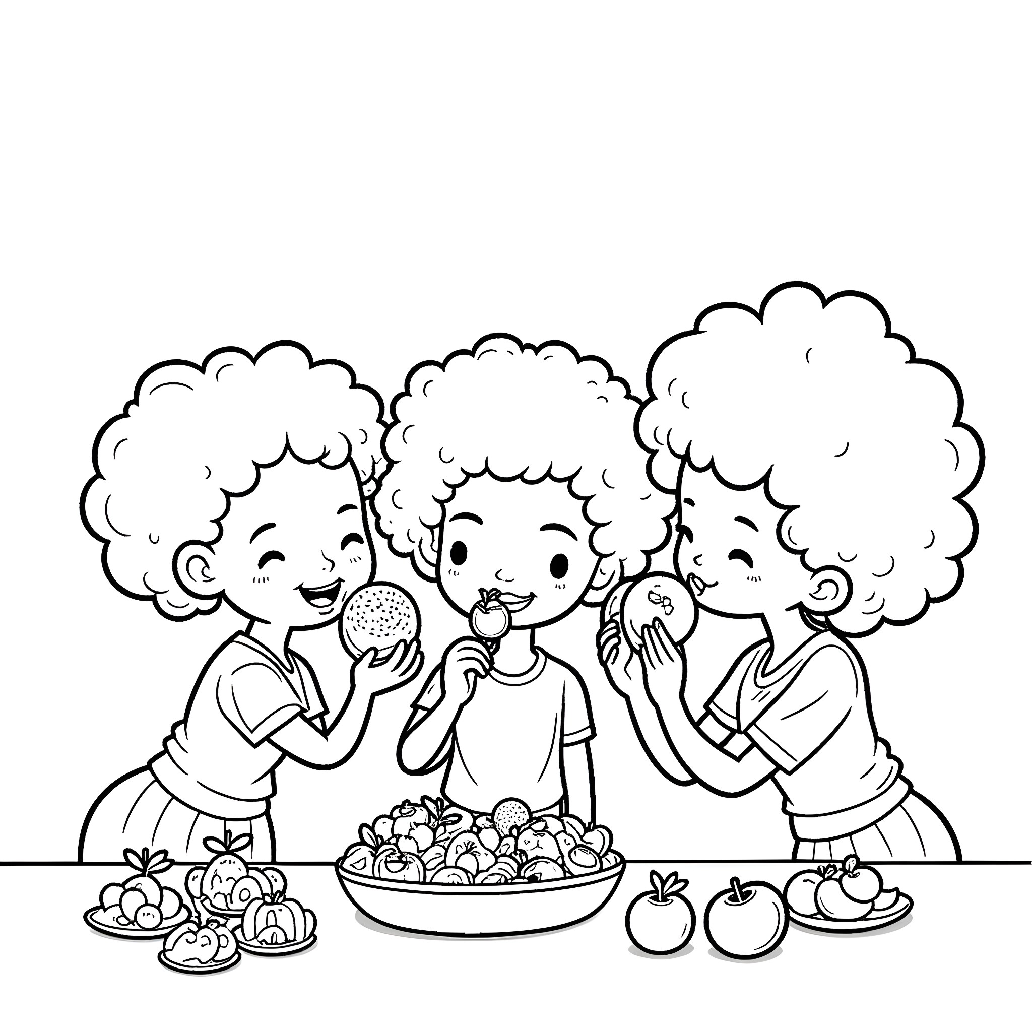 Girl friends sharing snacks happily Coloring Page (free black-and-white line drawing printable PDF for all, from beginners to advanced learners, including children, teens, adults, and seniors)
