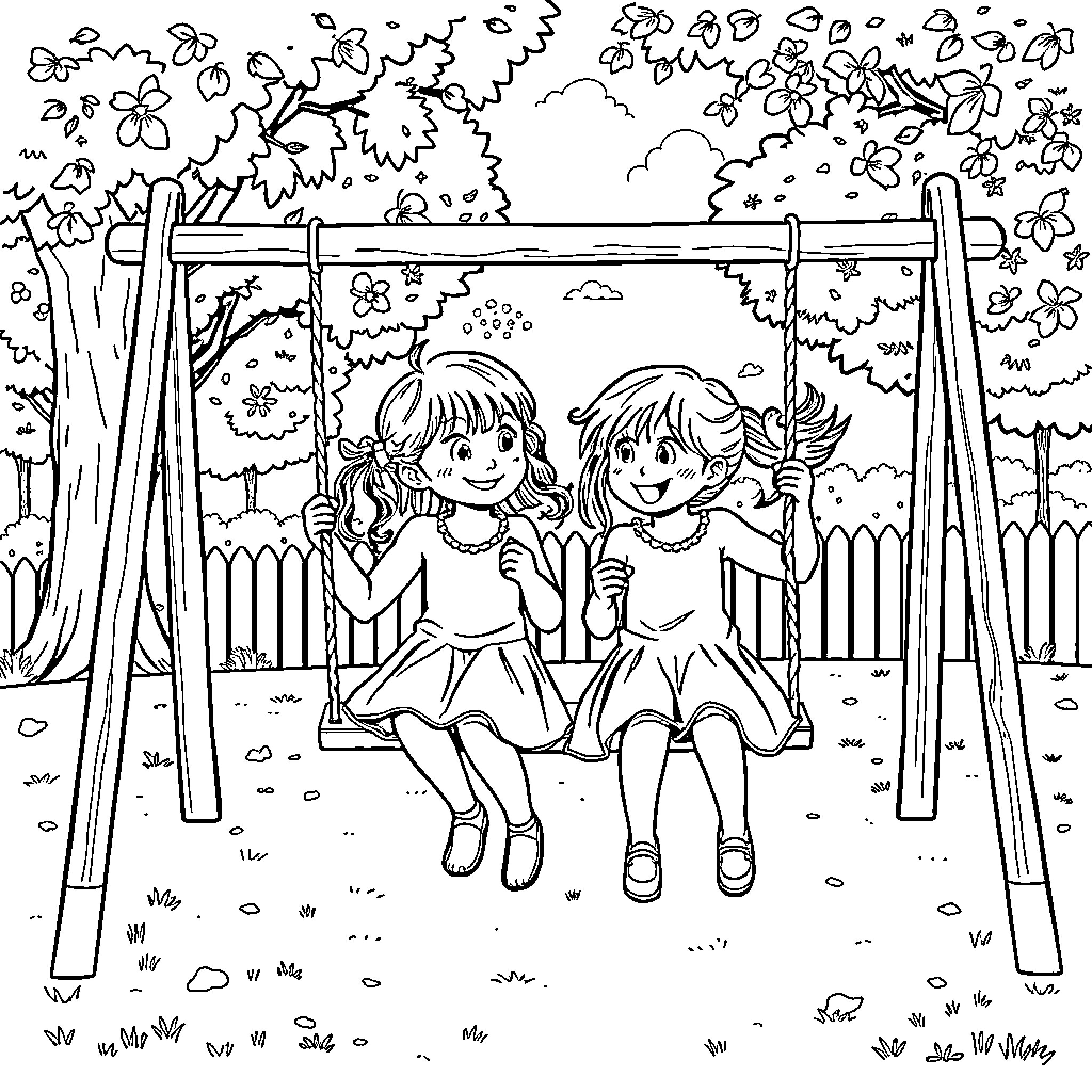 Sisters playing on swings in a flowery park Coloring Page (free black-and-white line drawing printable PDF for all, from beginners to advanced learners, including children, teens, adults, and seniors)