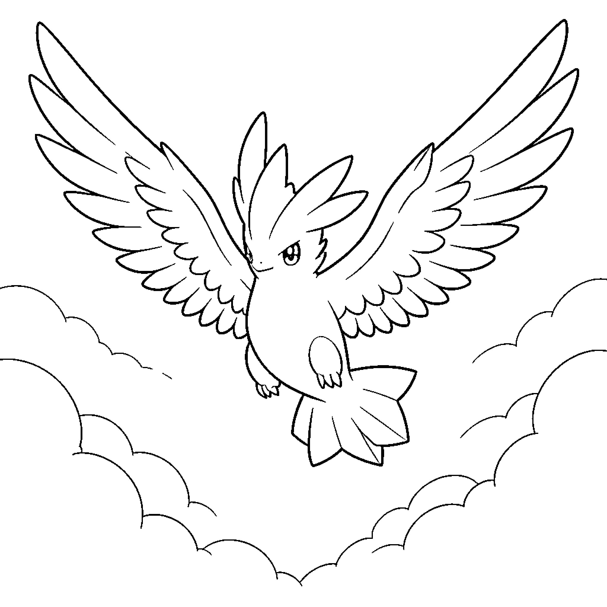 Lugia soaring through the clouds Coloring Page (free black-and-white line drawing printable PDF for all, from beginners to advanced learners, including children, teens, adults, and seniors)