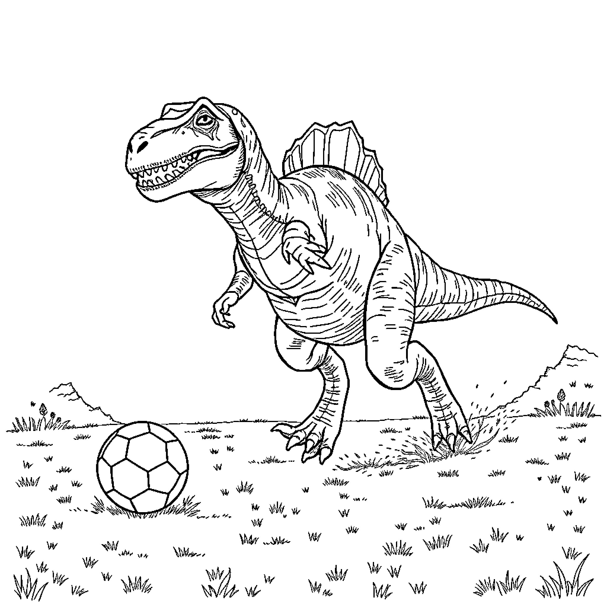 Tyrannosaurus playing with soccer ball in field Coloring Page (free black-and-white line drawing printable PDF for all, from beginners to advanced learners, including children, teens, adults, and seniors)