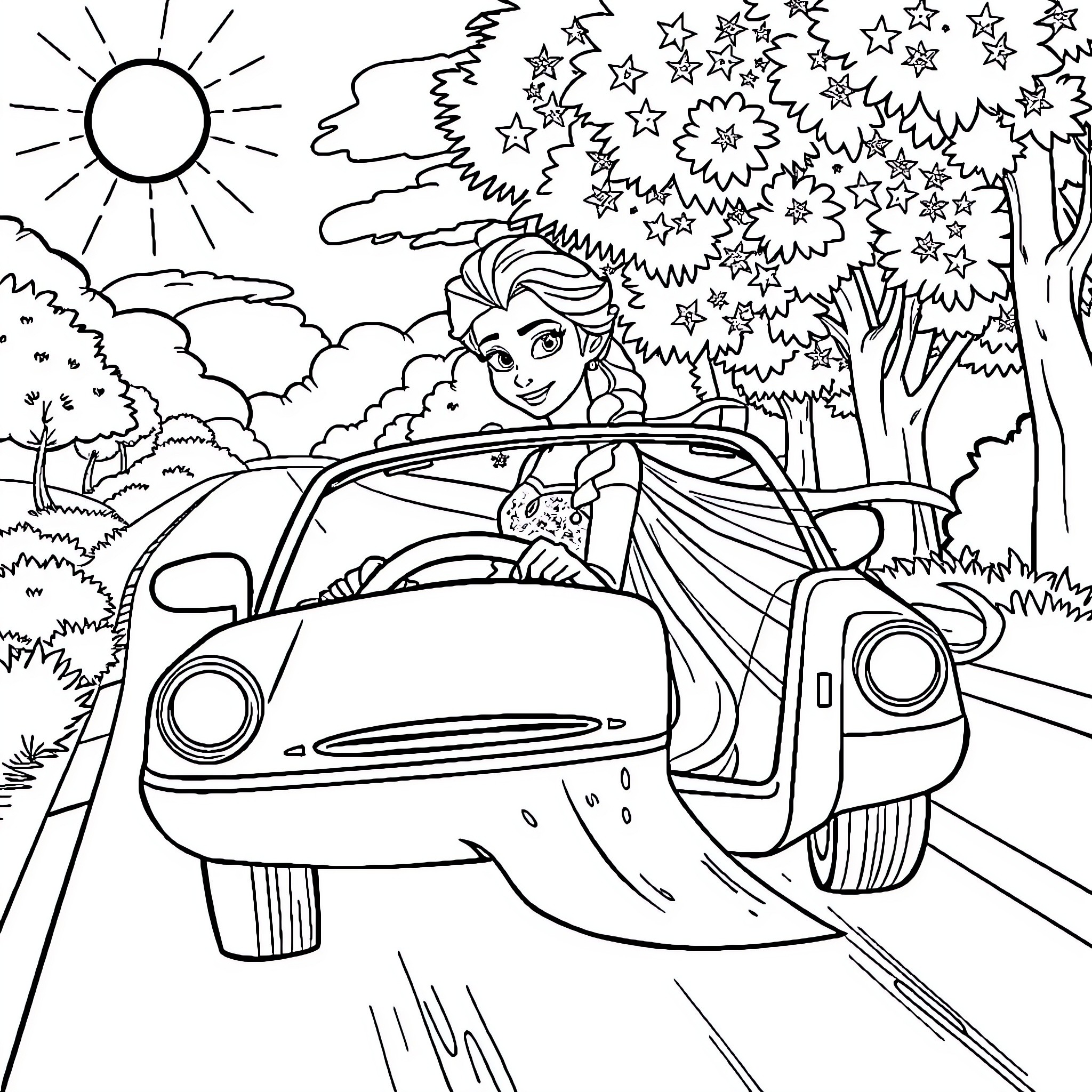 Elsa's Enchanting Car Ride through the Magical Forest Coloring Page (free black-and-white line drawing printable PDF for all, from beginners to advanced learners, including children, teens, adults, and seniors)