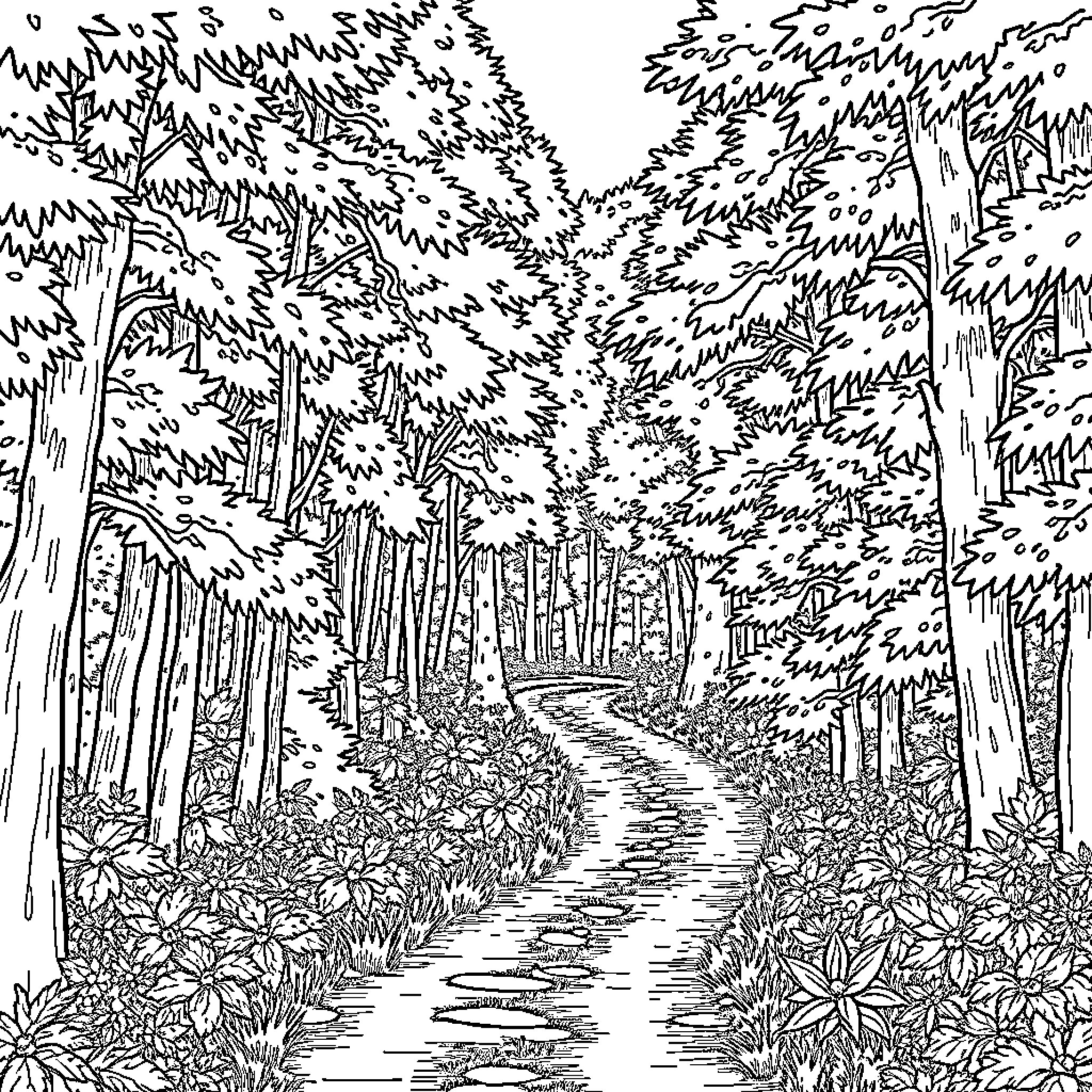 Path through lush forest landscape Coloring Page (free black-and-white line drawing printable PDF for all, from beginners to advanced learners, including children, teens, adults, and seniors)