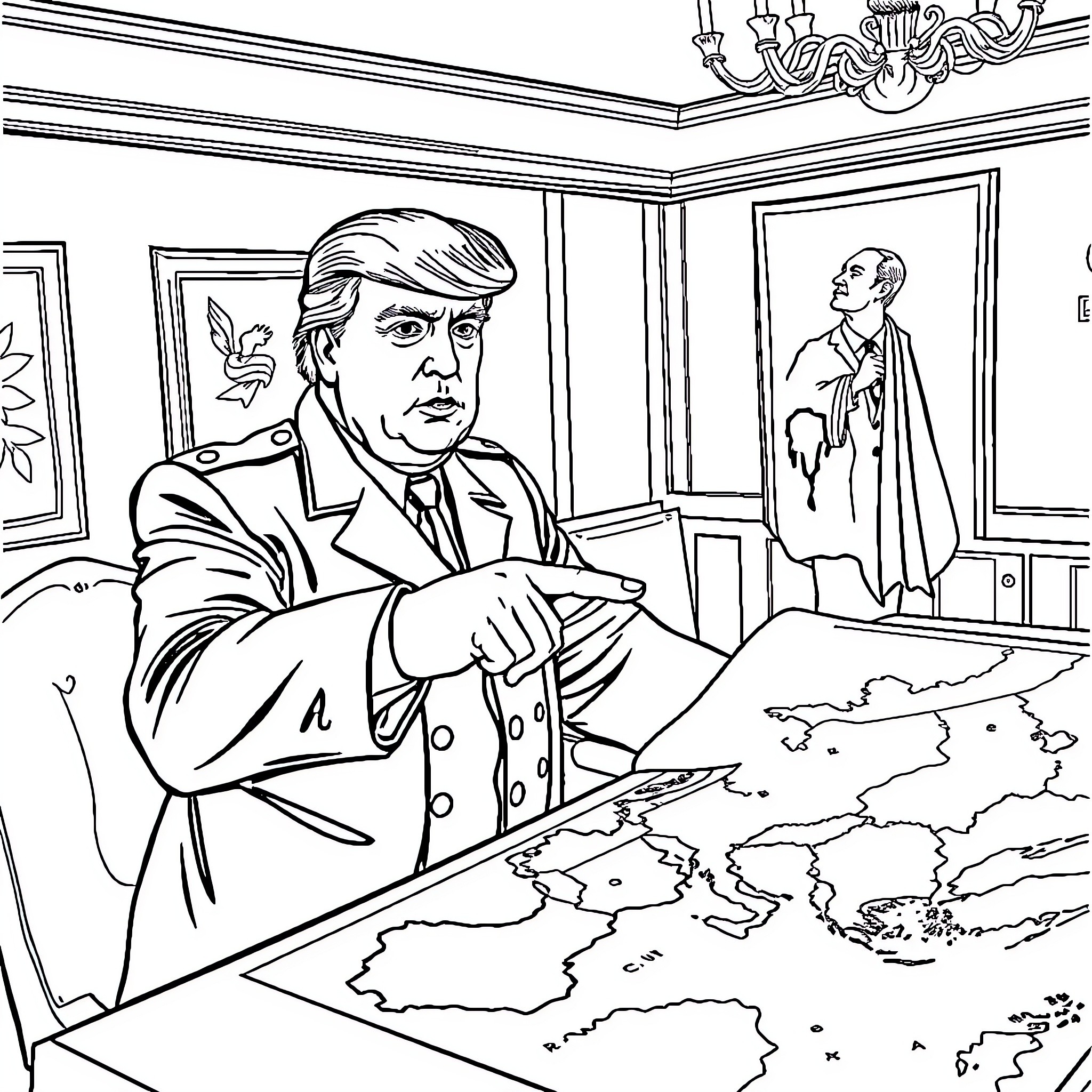 Donald Trump discussing global politics in the oval office Coloring Page (free black-and-white line drawing printable PDF for all, from beginners to advanced learners, including children, teens, adults, and seniors)