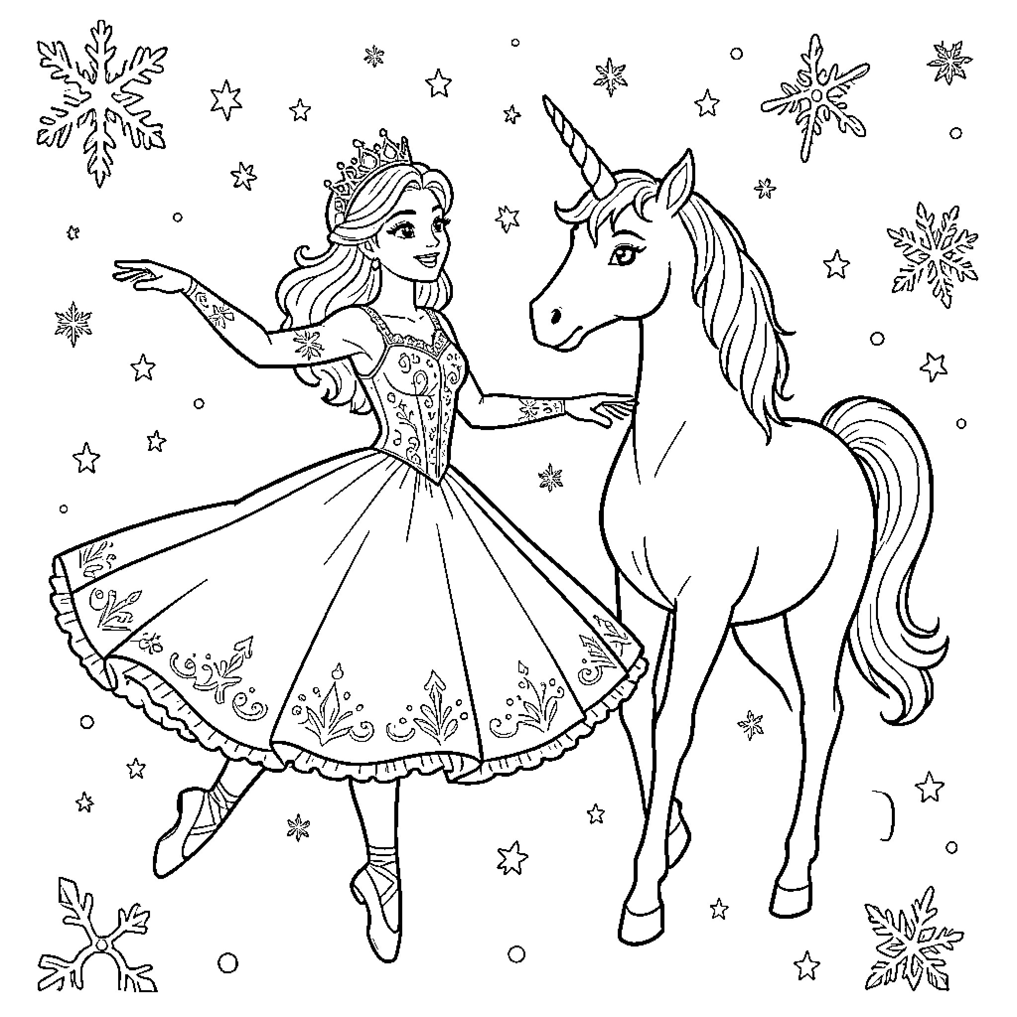 Queen in royal gown dancing with a unicorn Coloring Page (free black-and-white line drawing printable PDF for all, from beginners to advanced learners, including children, teens, adults, and seniors)