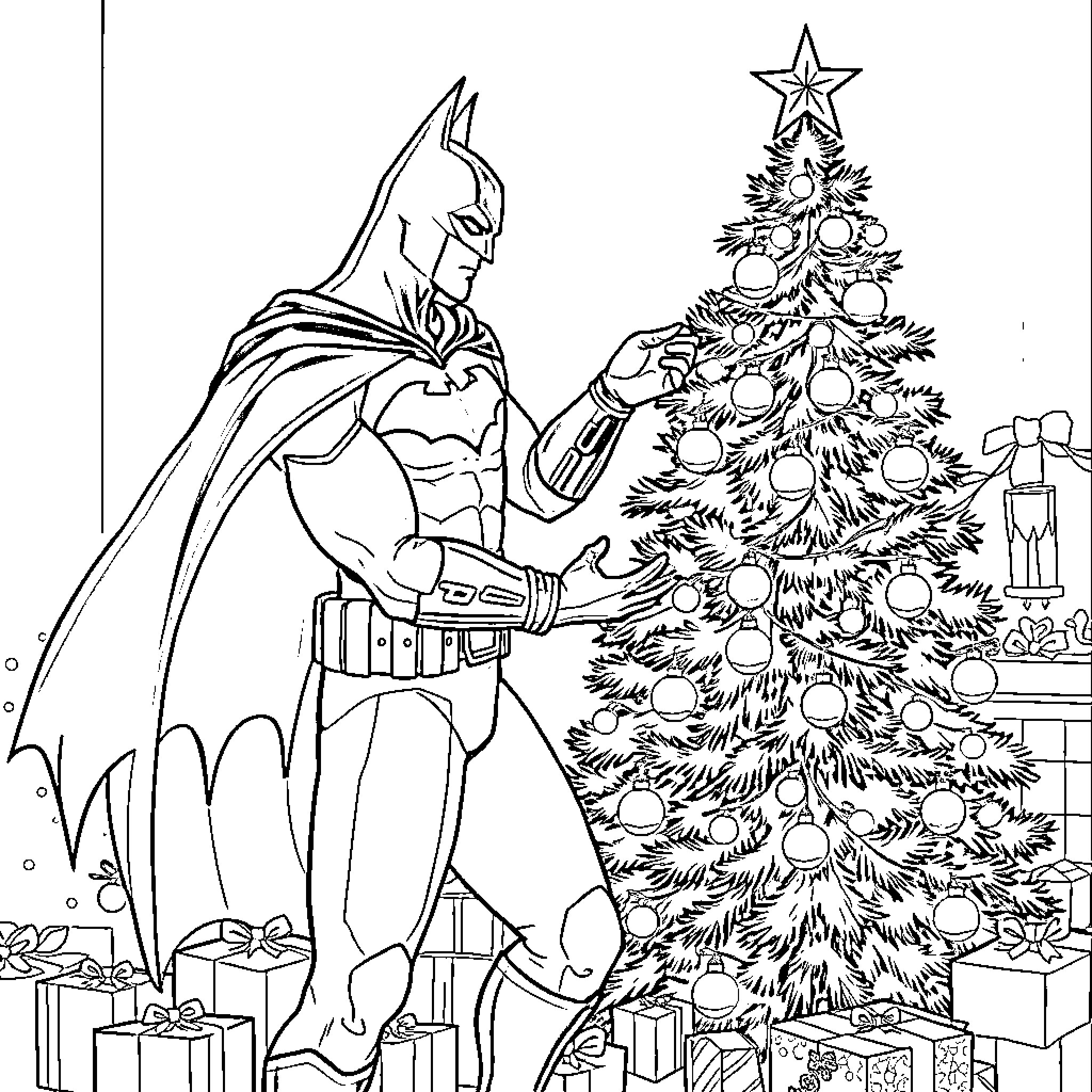 Batman decorating the Christmas tree Coloring Page (free black-and-white line drawing printable PDF for all, from beginners to advanced learners, including children, teens, adults, and seniors)