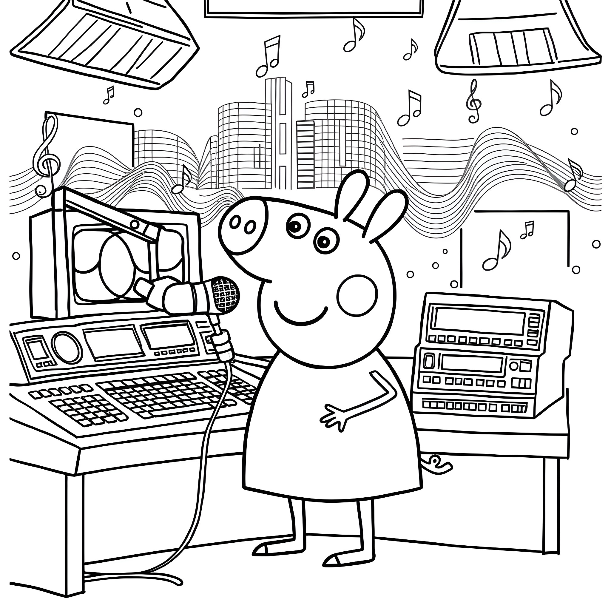 Peppa Pig Enjoying Music and Technology Coloring Page (free black-and-white line drawing printable PDF for all, from beginners to advanced learners, including children, teens, adults, and seniors)