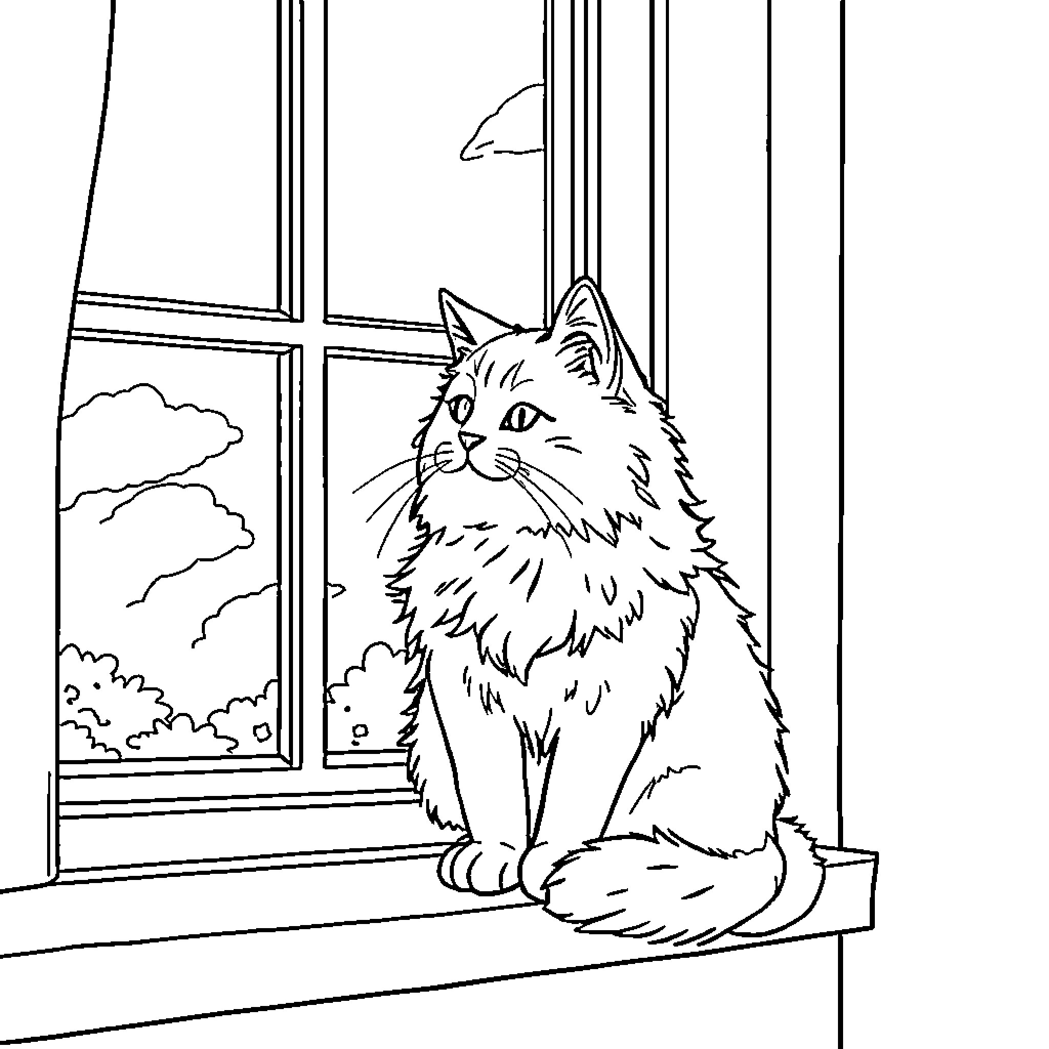 Cat sitting on window sill looking out Coloring Page (free black-and-white line drawing printable PDF for all, from beginners to advanced learners, including children, teens, adults, and seniors)