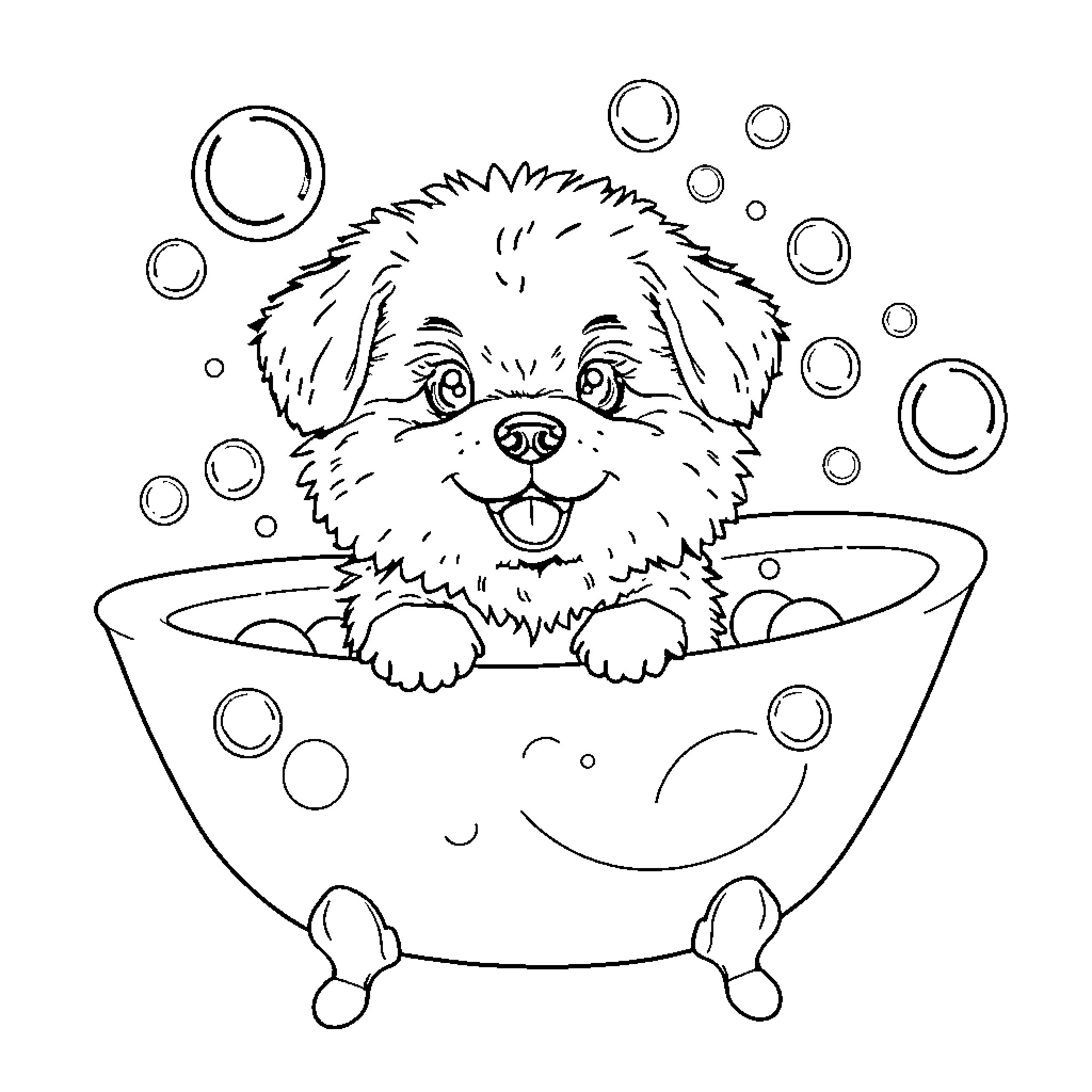 Dog enjoying a relaxing bubble bath Coloring Page (free black-and-white line drawing printable PDF for all, from beginners to advanced learners, including children, teens, adults, and seniors)