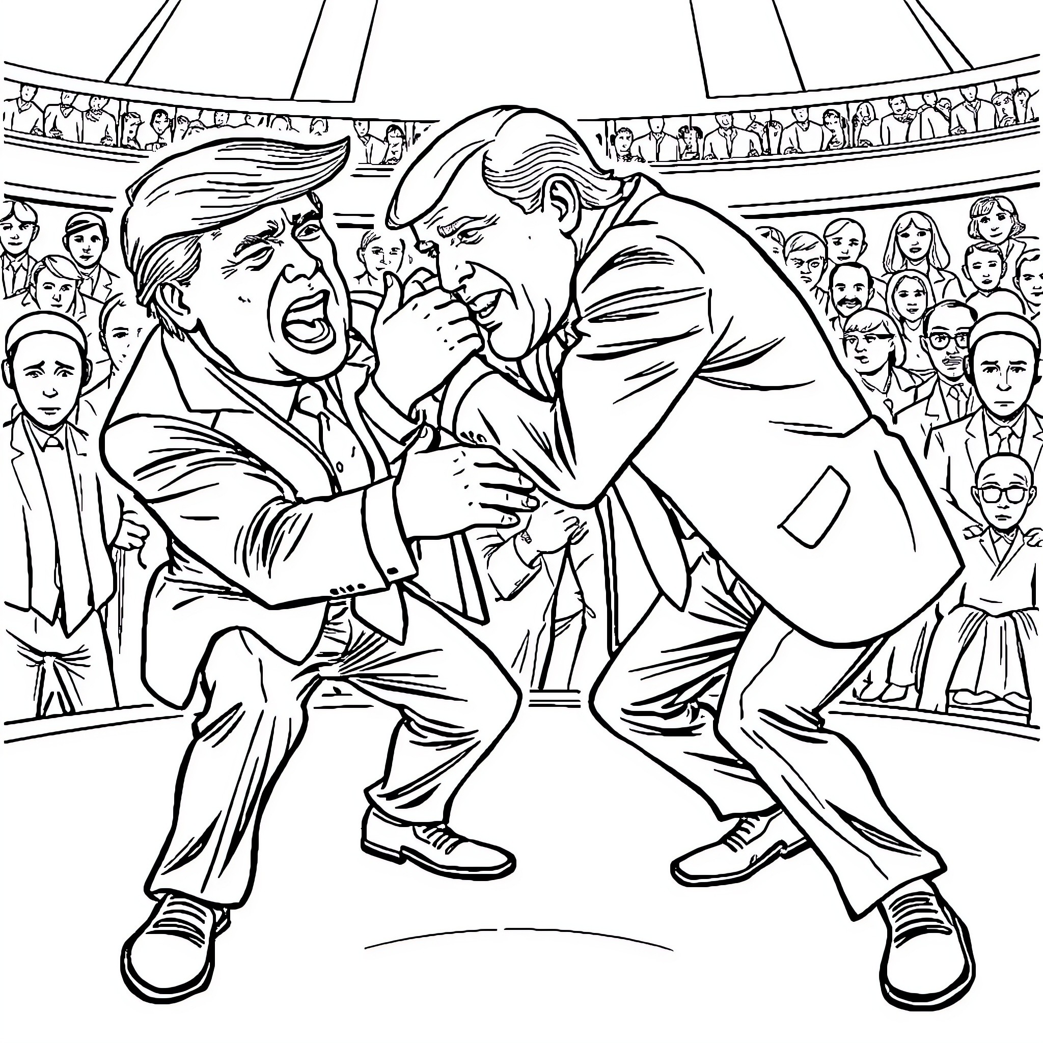 Trump Confronting Political Rival at Public Gathering Coloring Page (free black-and-white line drawing printable PDF for all, from beginners to advanced learners, including children, teens, adults, and seniors)