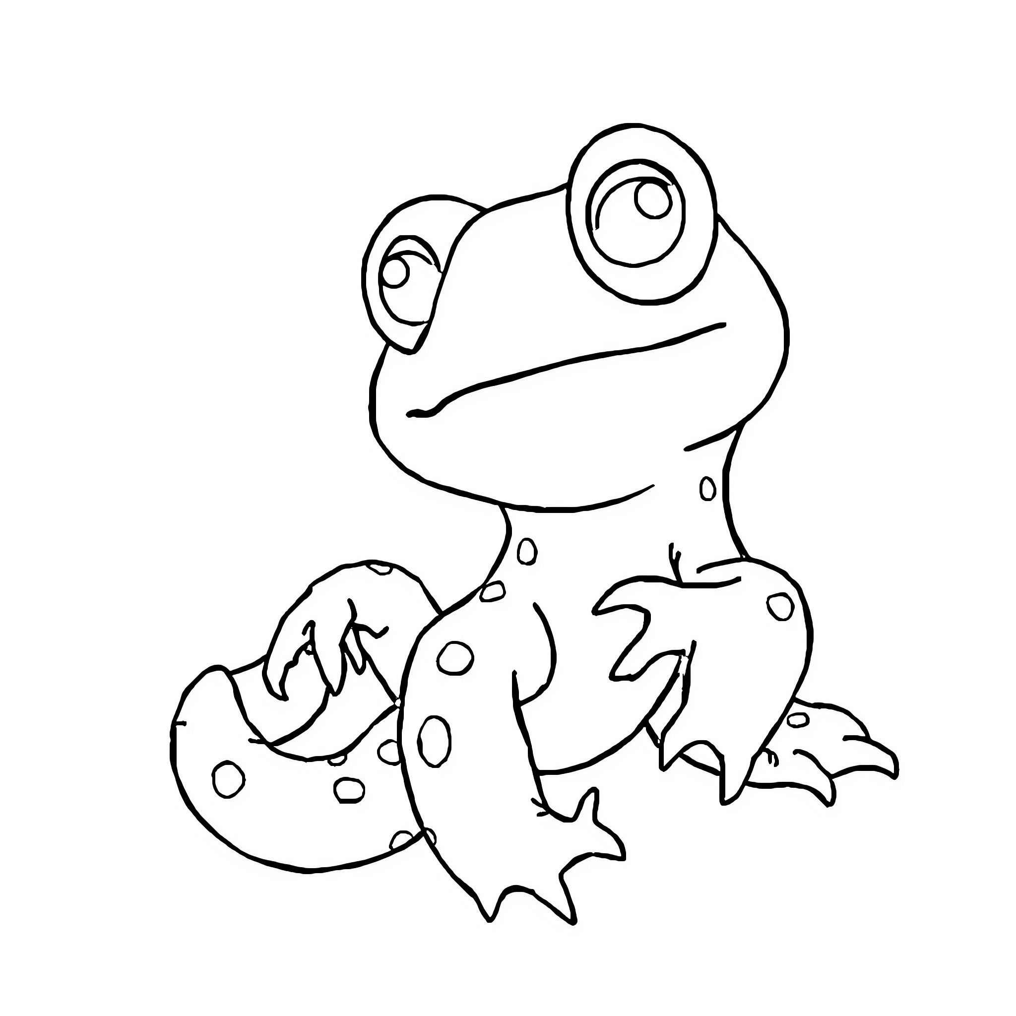 Character frog with big eyes and spots Coloring Page (free black-and-white line drawing printable PDF for all, from beginners to advanced learners, including children, teens, adults, and seniors)