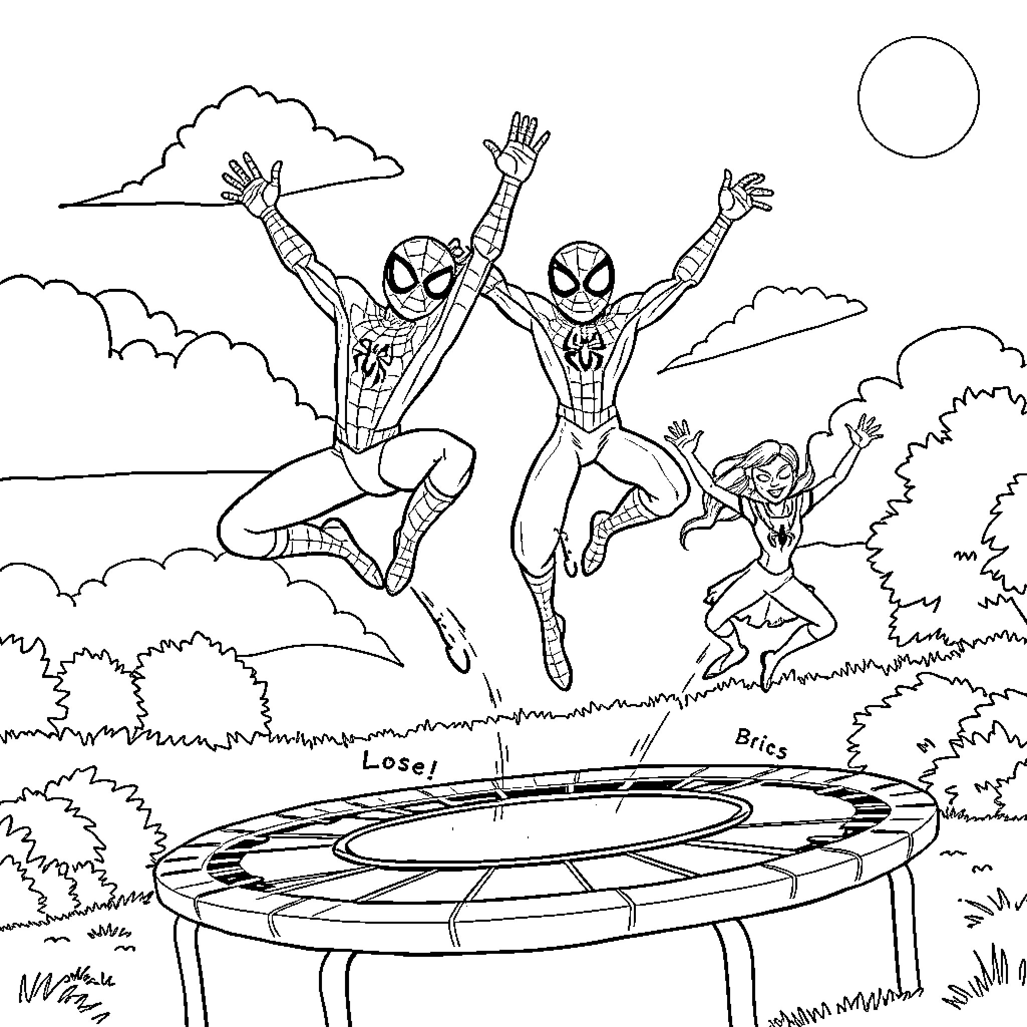 Spider heroes leaping into action on a trampoline Coloring Page (free black-and-white line drawing printable PDF for all, from beginners to advanced learners, including children, teens, adults, and seniors)