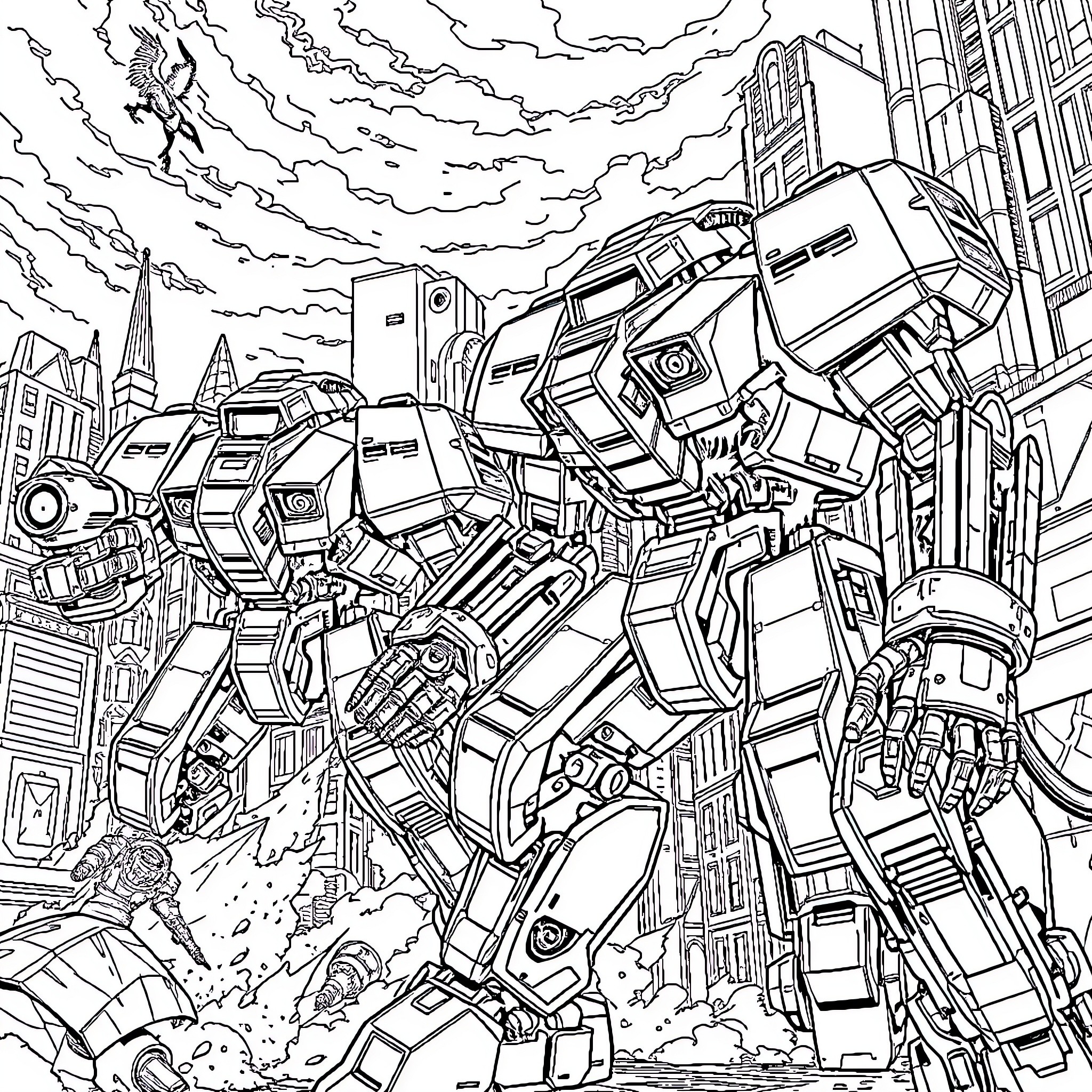 Mech Titans Clash in Futuristic Cityscape Coloring Page (free black-and-white line drawing printable PDF for all, from beginners to advanced learners, including children, teens, adults, and seniors)
