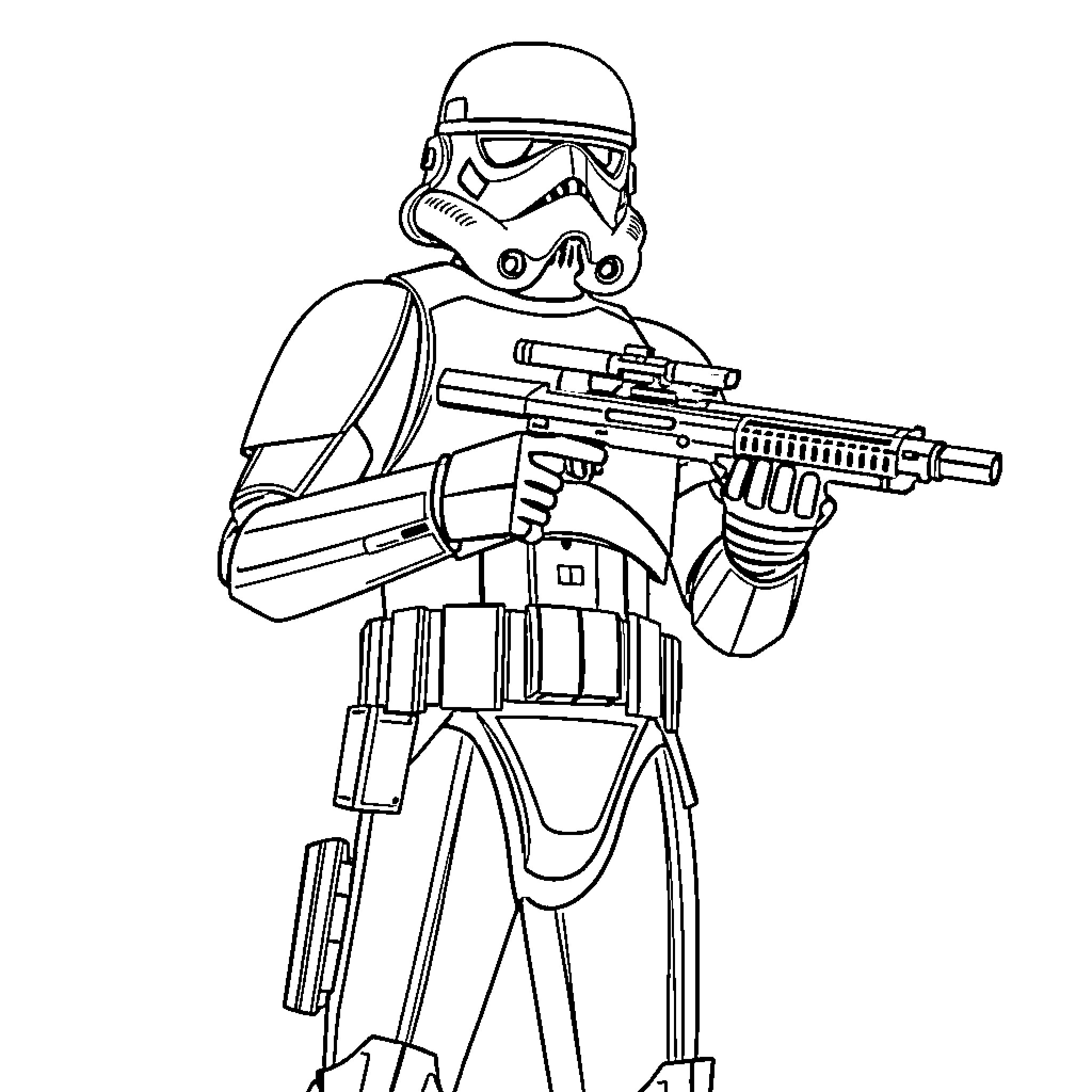 Stormtrooper wielding a futuristic blaster rifle Coloring Page (free black-and-white line drawing printable PDF for all, from beginners to advanced learners, including children, teens, adults, and seniors)
