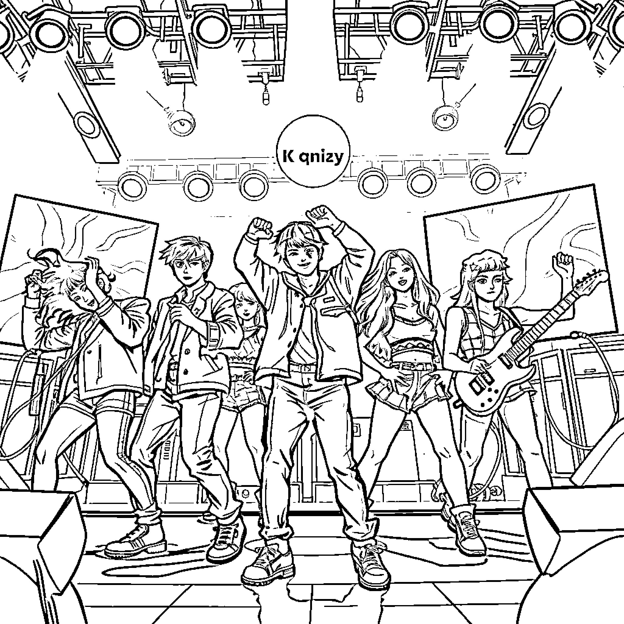 K Pop Group Performing on Stage with Instruments Coloring Page (free black-and-white line drawing printable PDF for all, from beginners to advanced learners, including children, teens, adults, and seniors)