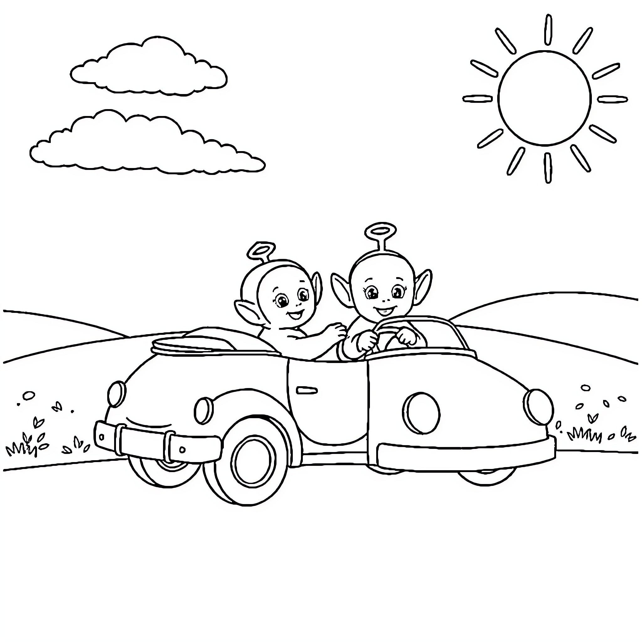 Teletubbies driving a car on a sunny day Coloring Page (free black-and-white line drawing printable PDF for all, from beginners to advanced learners, including children, teens, adults, and seniors)