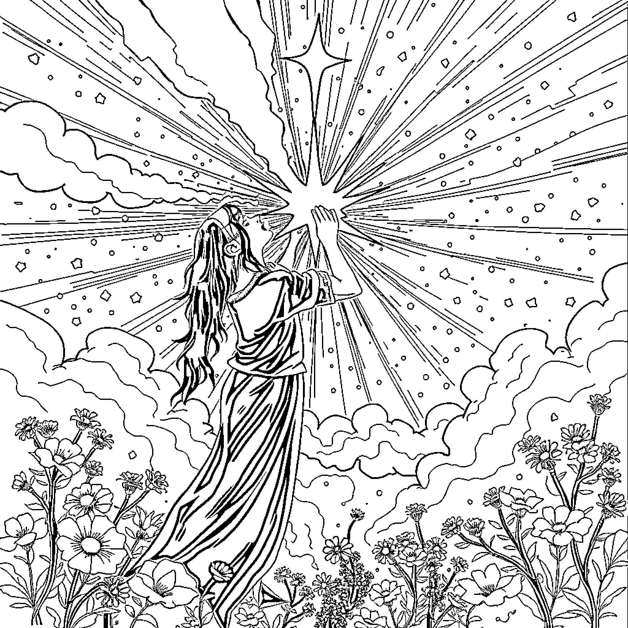 Miraculous Radiant Celestial Apparition Amid Floral Splendor Coloring Page (free black-and-white line drawing printable PDF for all, from beginners to advanced learners, including children, teens, adults, and seniors)