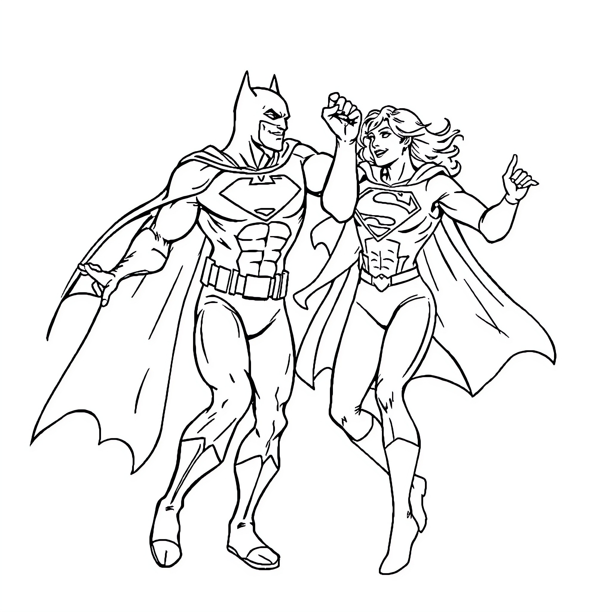 Batman and Superman in heroic poses Coloring Page (free black-and-white line drawing printable PDF for all, from beginners to advanced learners, including children, teens, adults, and seniors)