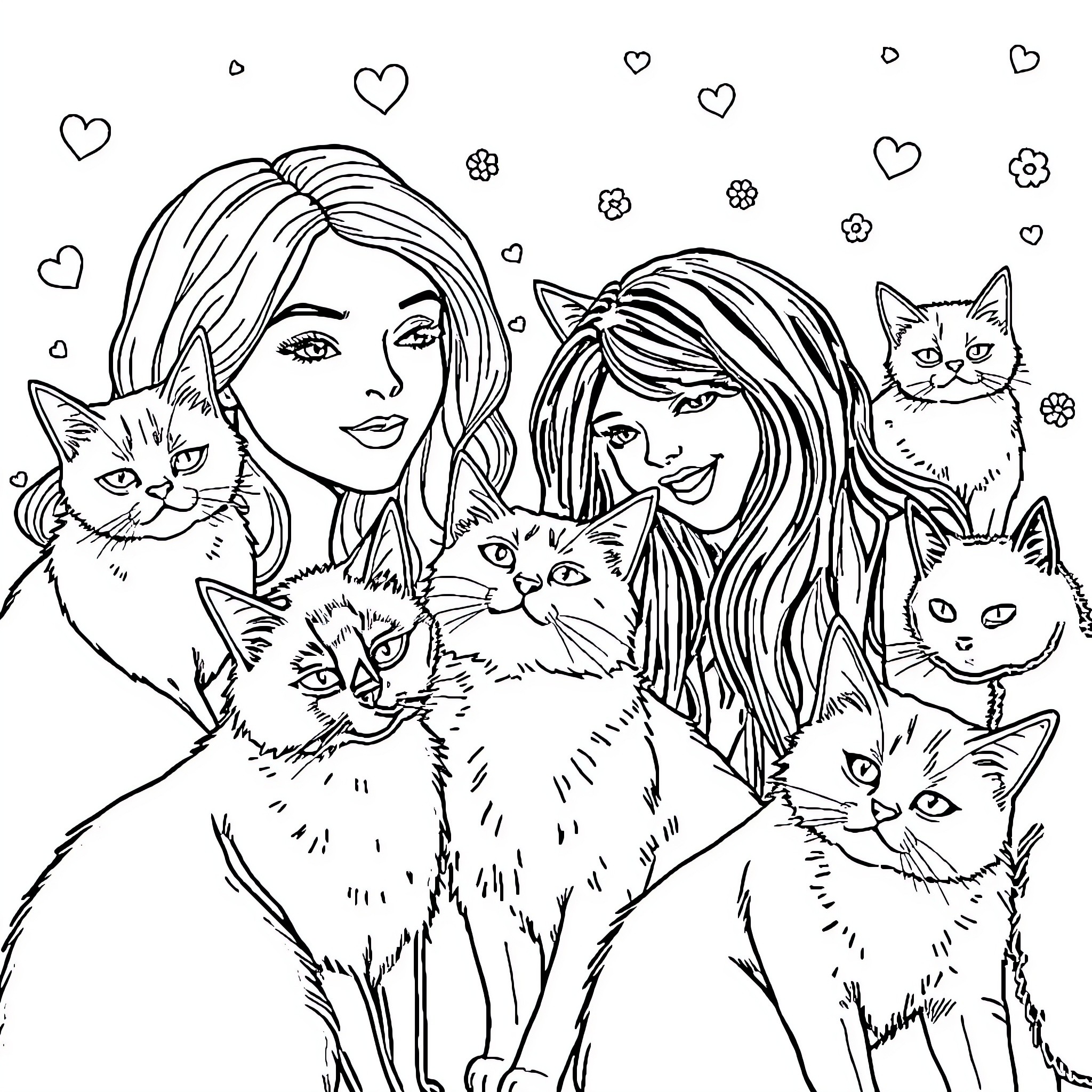 Cat and girl friends surrounded by hearts and flowers Coloring Page (free black-and-white line drawing printable PDF for all, from beginners to advanced learners, including children, teens, adults, and seniors)